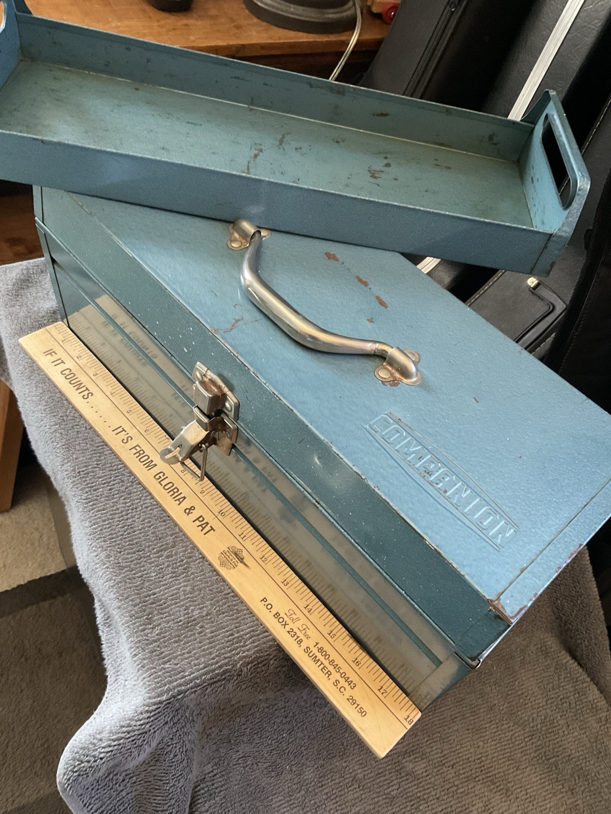 Vtg Companion Steel Toolbox 18” with Matching Steel Tray Teal Green Blue Sears