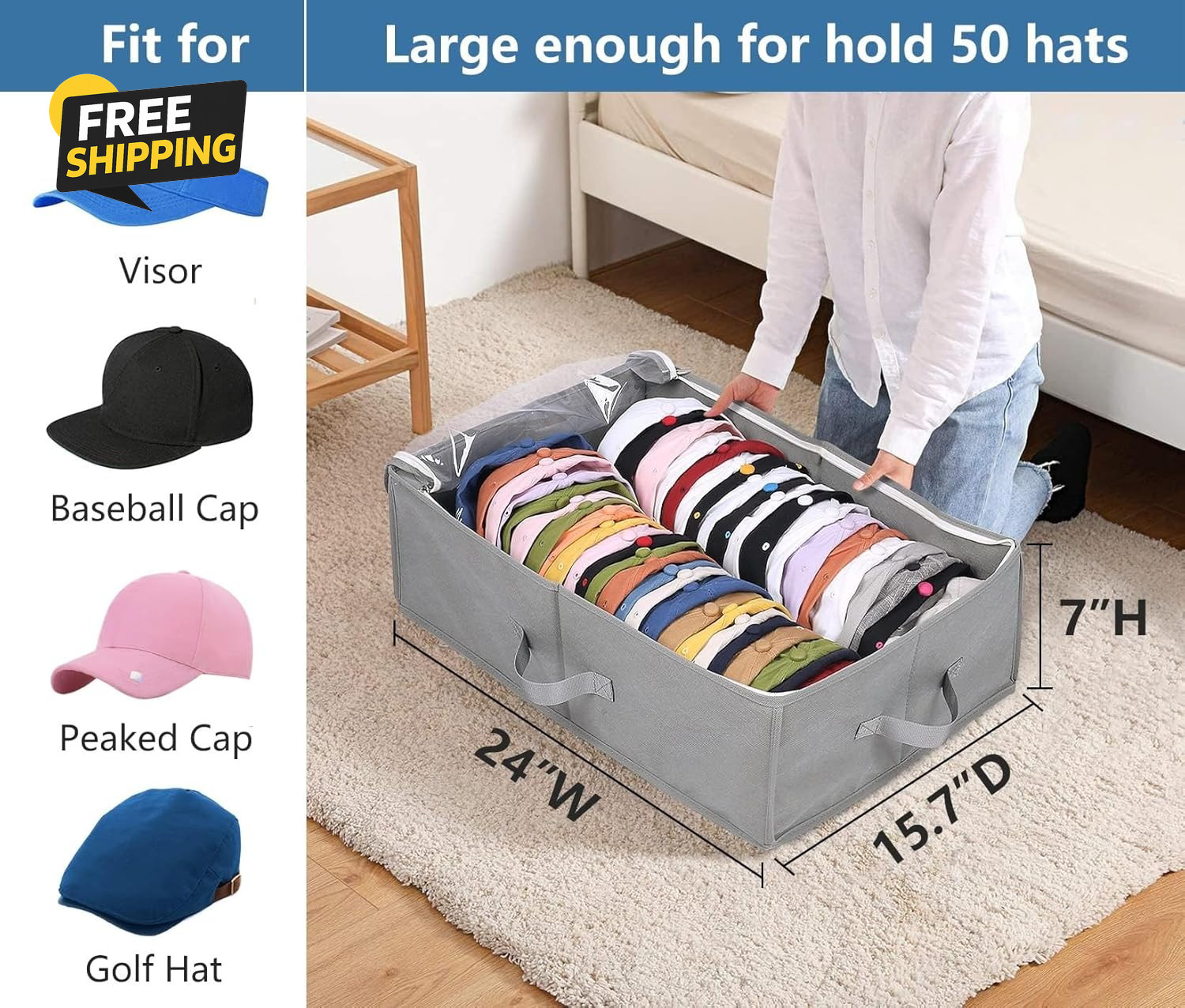 Large Hat Storage Box for Baseball Caps Holds up to 50 Caps Wide Organizer fGrey