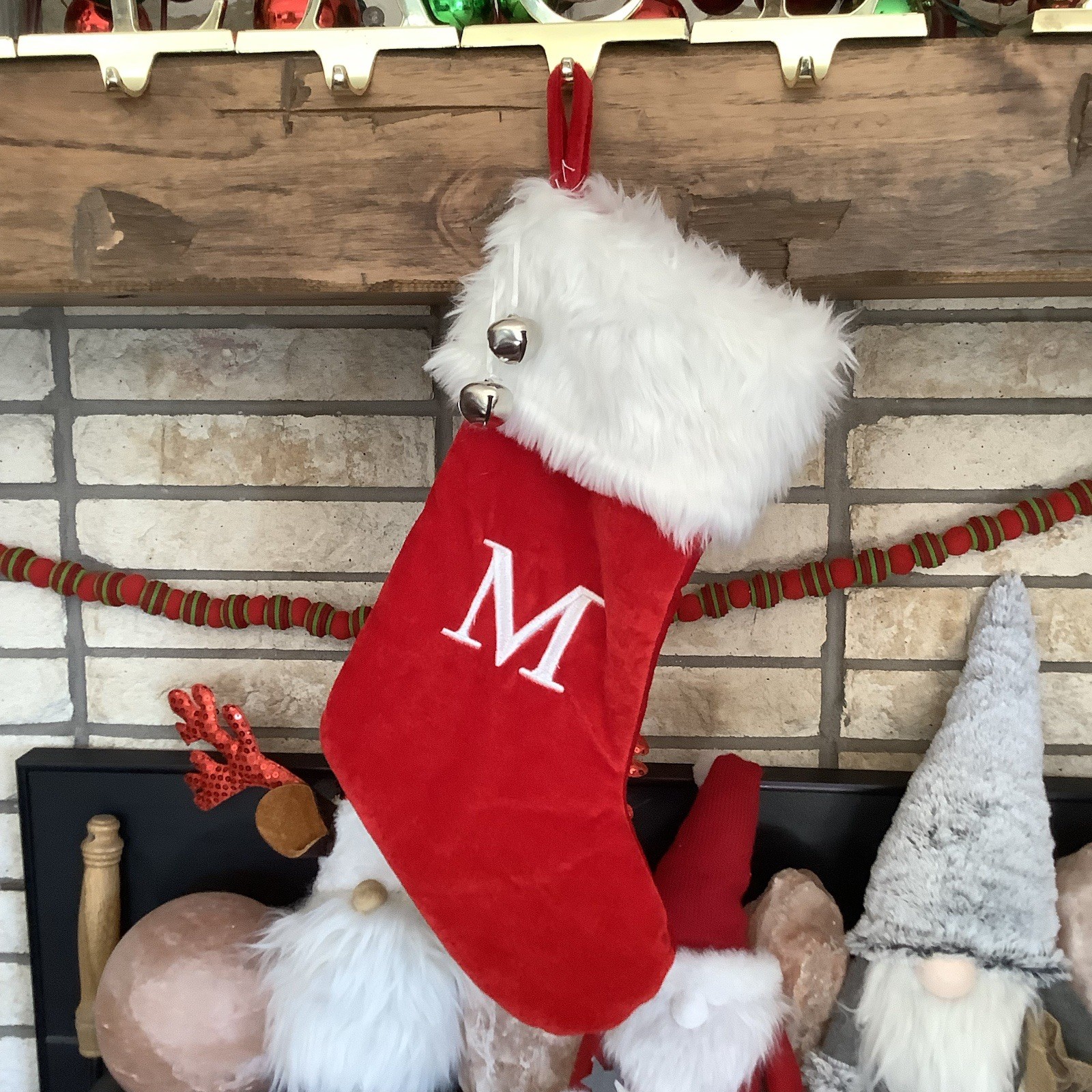 KOHL'S RED VELVET Initial WHITE FUR CUFF MONOGRAM M CHRISTMAS STOCKING  BELLS