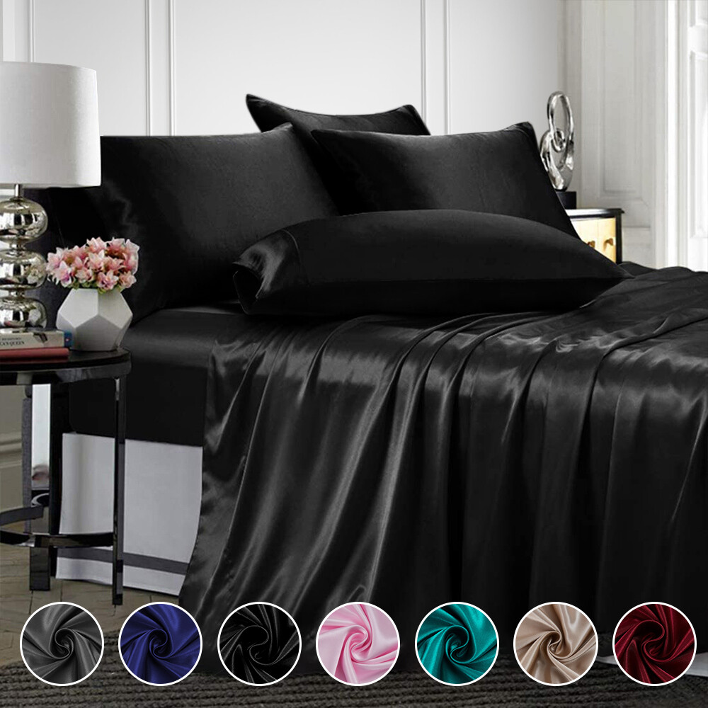 4 Pcs Smooth Satin Silk Sheet Set Deep Pocket Bed Sheet Wrinkle Fade Resistant