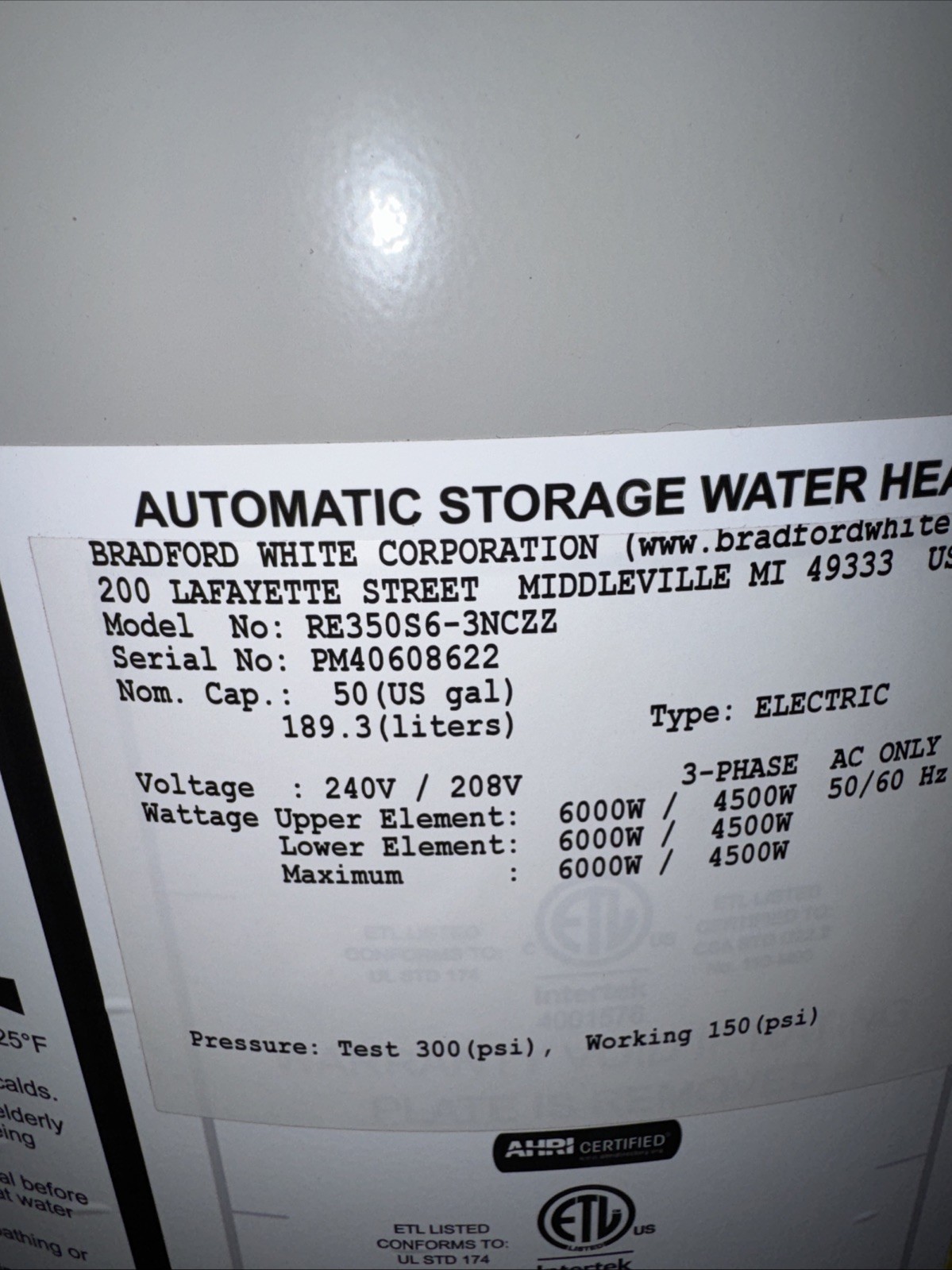 Bradford White 3 Phase Water Heater 50 Gallon 6000 Watt RE350S6-3NCZZ