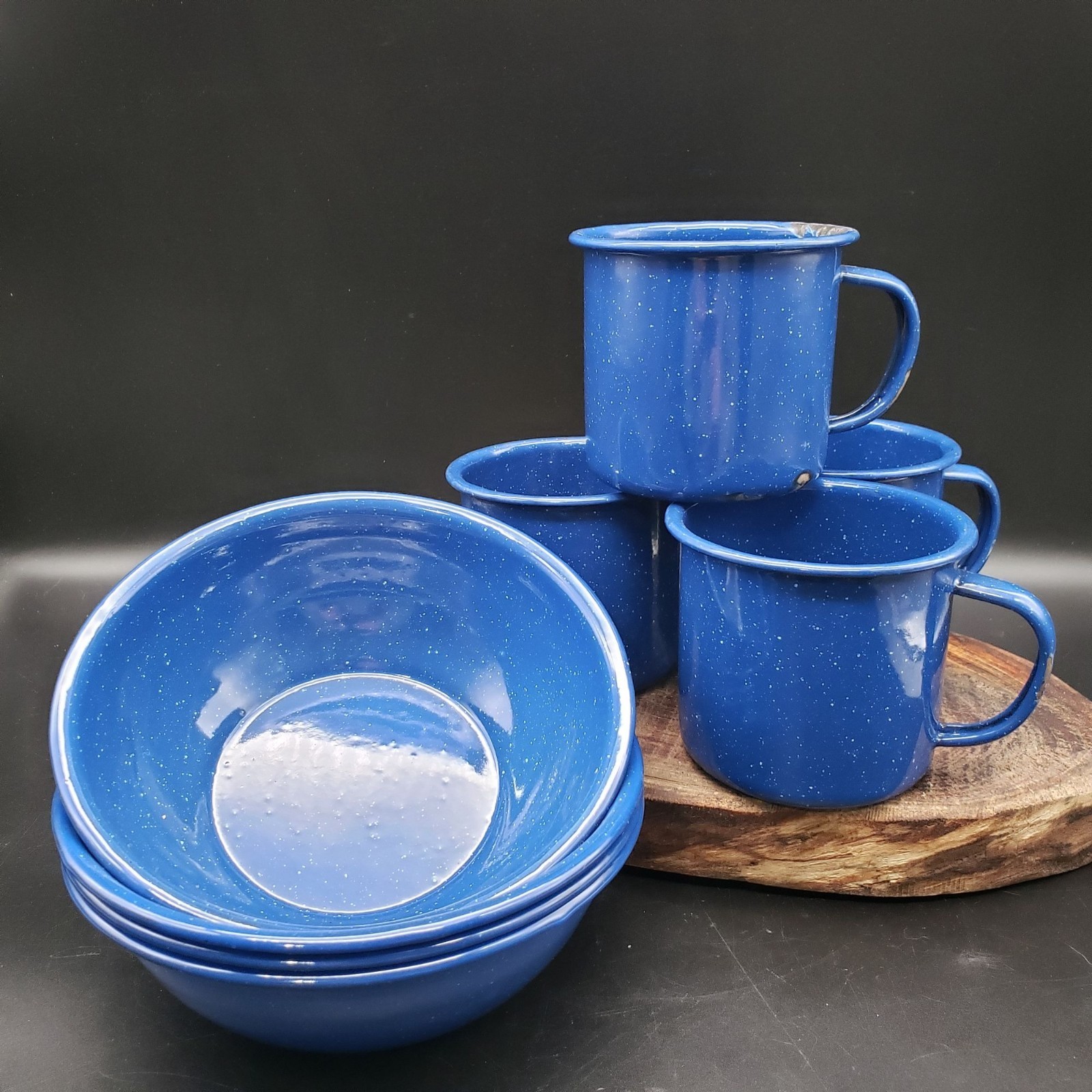 VTG Blue Speckled Enamelware Camp Mug Plate & Bowl Set 12pc Camping Graniteware