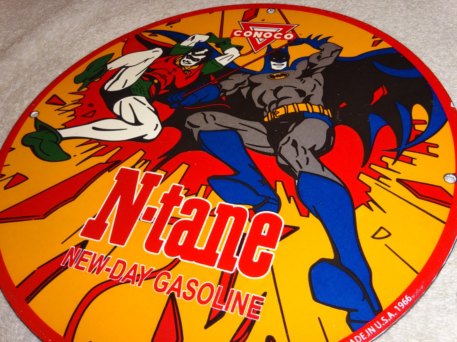 VINTAGE 1966 CONOCO GASOLINE W/ BATMAN & ROBIN 11 3/4" PORCELAIN METAL OIL SIGN!