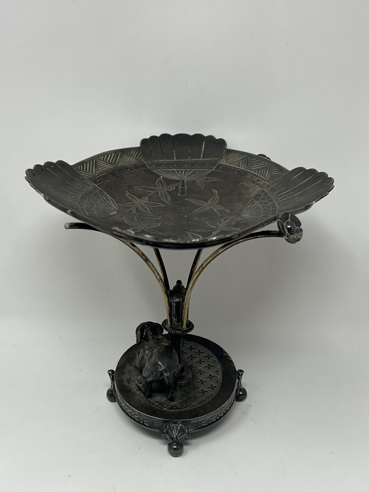 Antique Dog Figural Calling Card ? Silver Plate Tray Stand Simpson Hall Miller