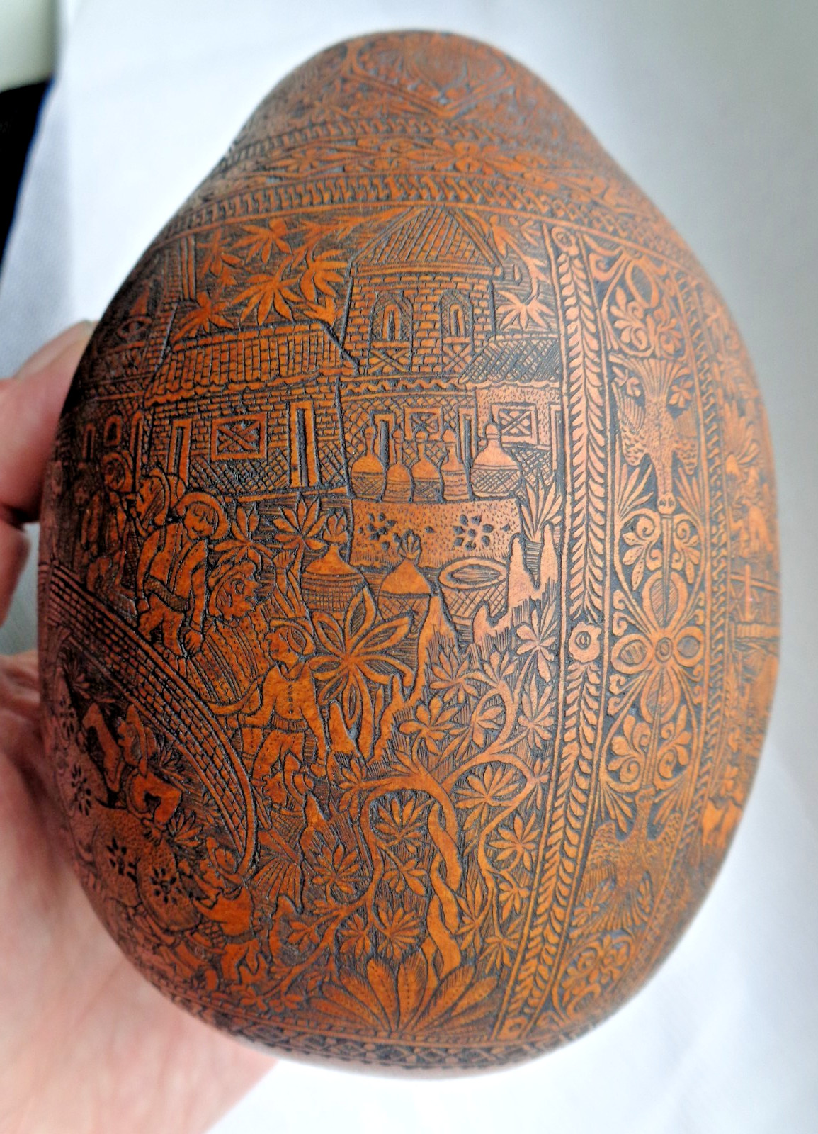 ANTIQUE SOUTH AMERICAN FOLK ART CARVED GOURD BULL FIGHTER, CHURCH, FARMER, LLAMA