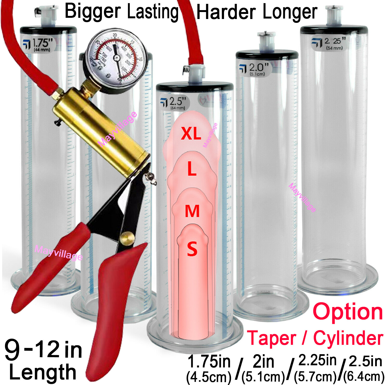 Penis Vacuum Pump Enhancer 9Inch Length Untapered Gauge Cylinder Diameter 1.7-3"