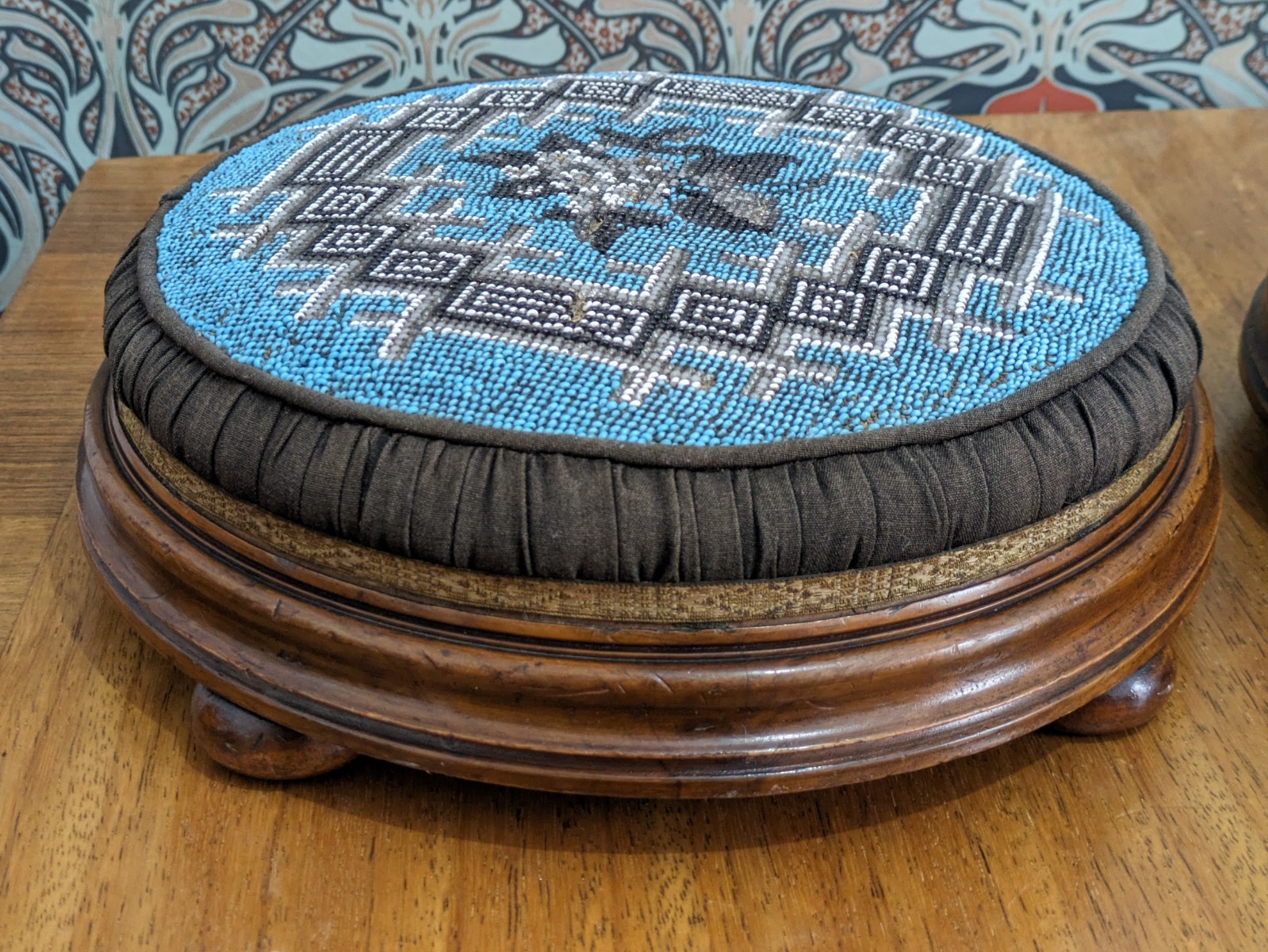 Victorian 19th Century Pair Walnut Turquoise Beadwork Bunfeet Footstools Antique