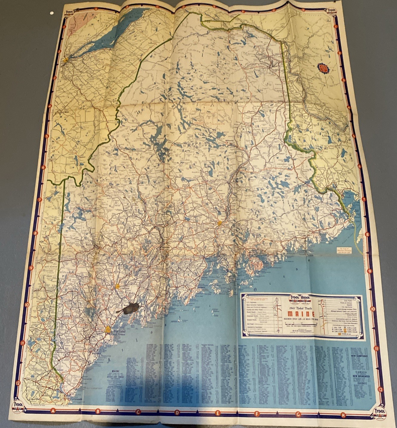 1941 Maine Maritime Province Road Map Tydol Flying A Gas Oil Advertising F32