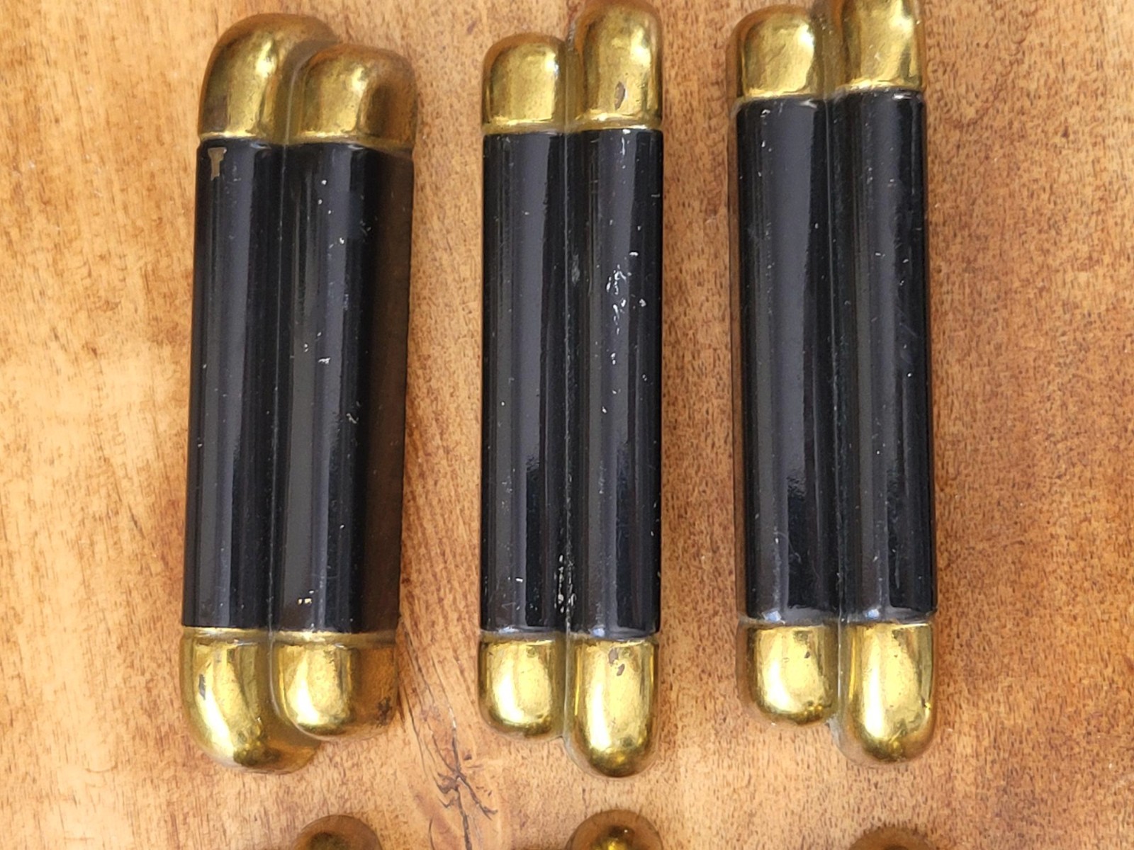 6 vintage art deco style, black & brass dresser handles / pulls