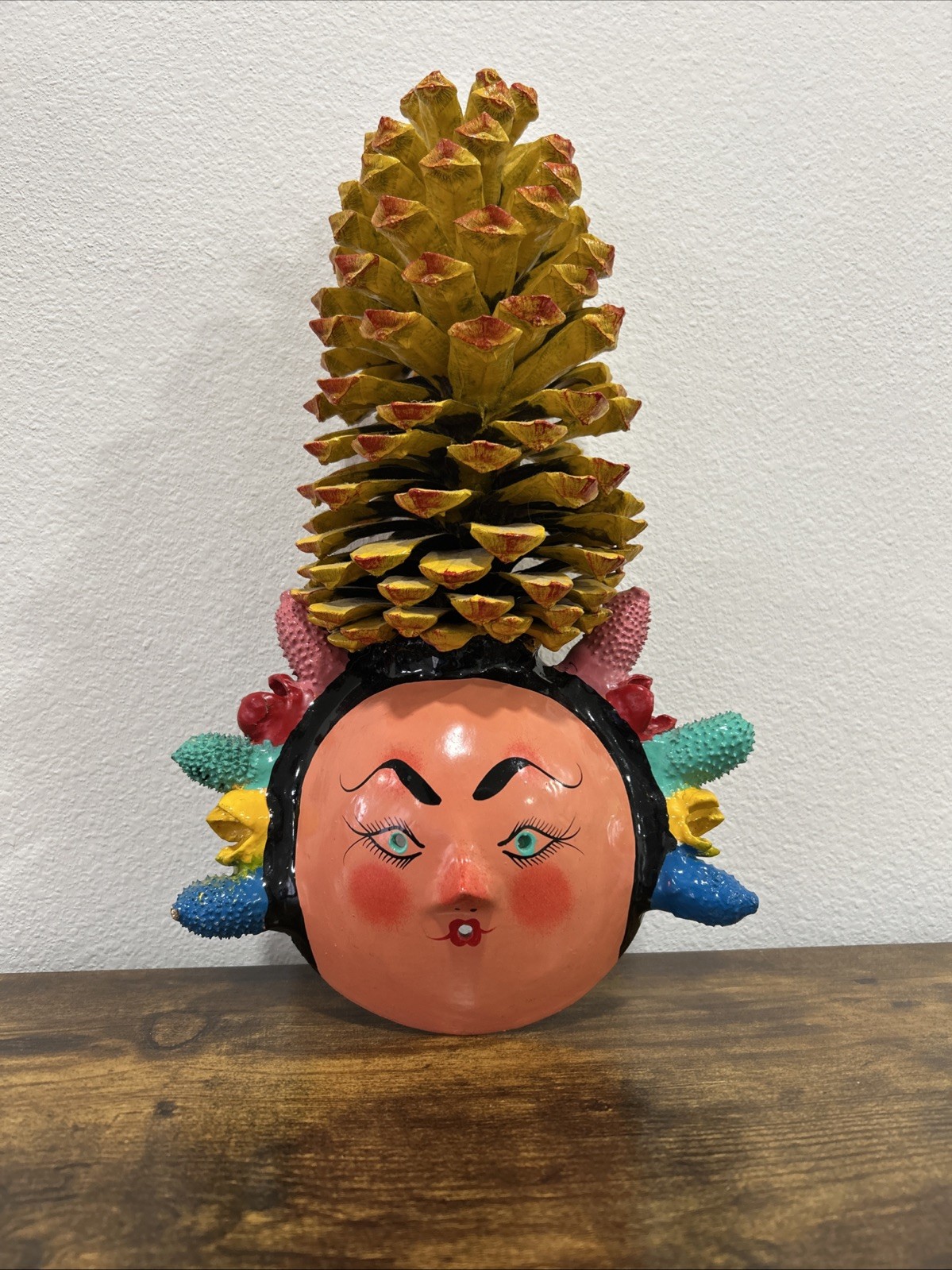 Rare Vintage Mexican Folk Art Coconut Mask With Cactus Seedpod Braids & Pinecone