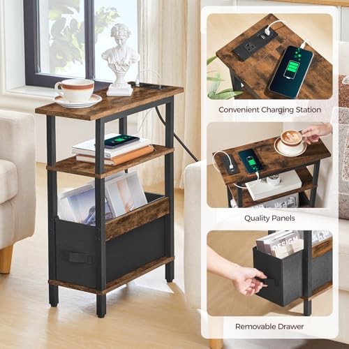 Narrow Side Table with Charging Station, Slim End Table with Rustic Brown