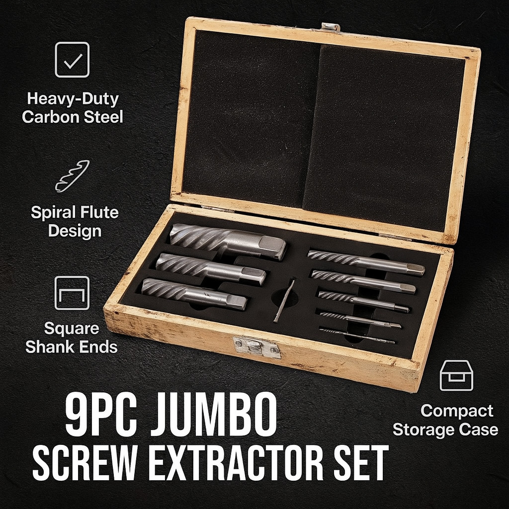 9PC Jumbo Screw Extractor Set | Spiral Fluted Broken Bolt Remover Manual Drive
