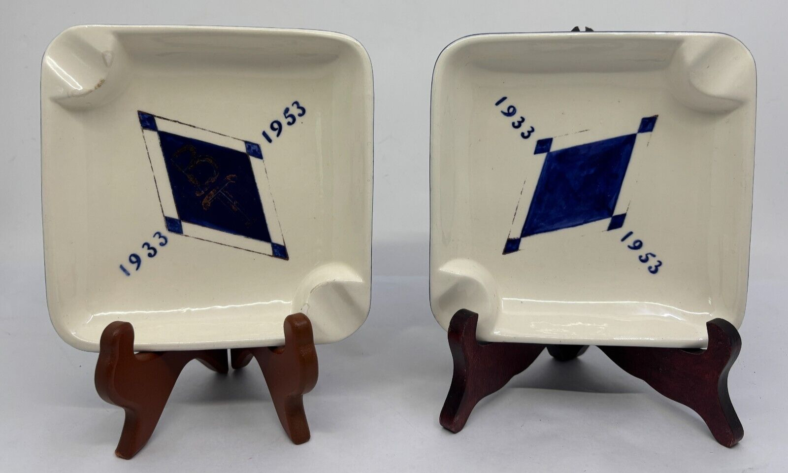 Set of 2 Handmade Ceramic Ash Trays Squares with Initials BT and Dates 1933 1953