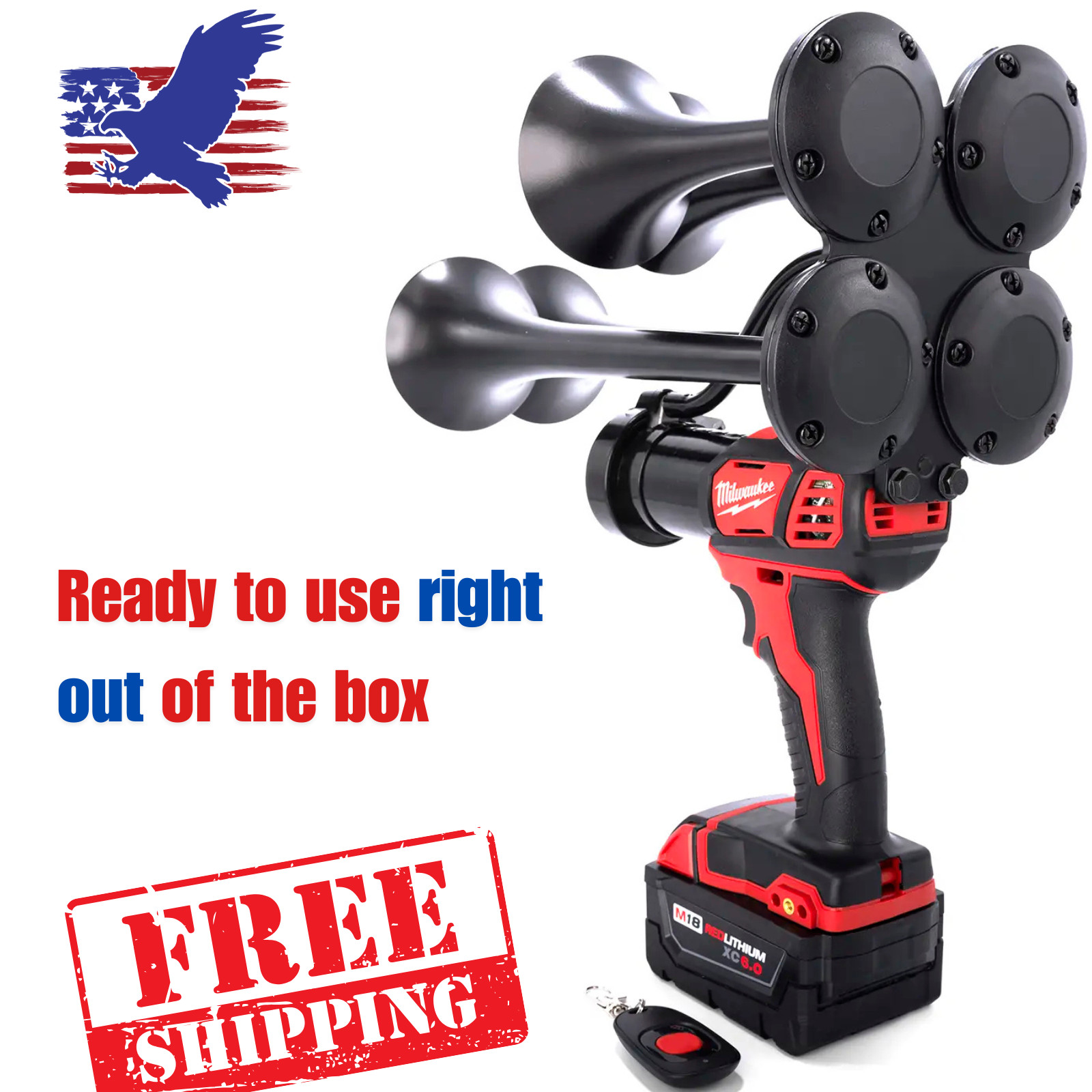 Milwaukee M18 Impact Train Air Horn + 2 Remote Controls| Quad Trumpet Train Horn