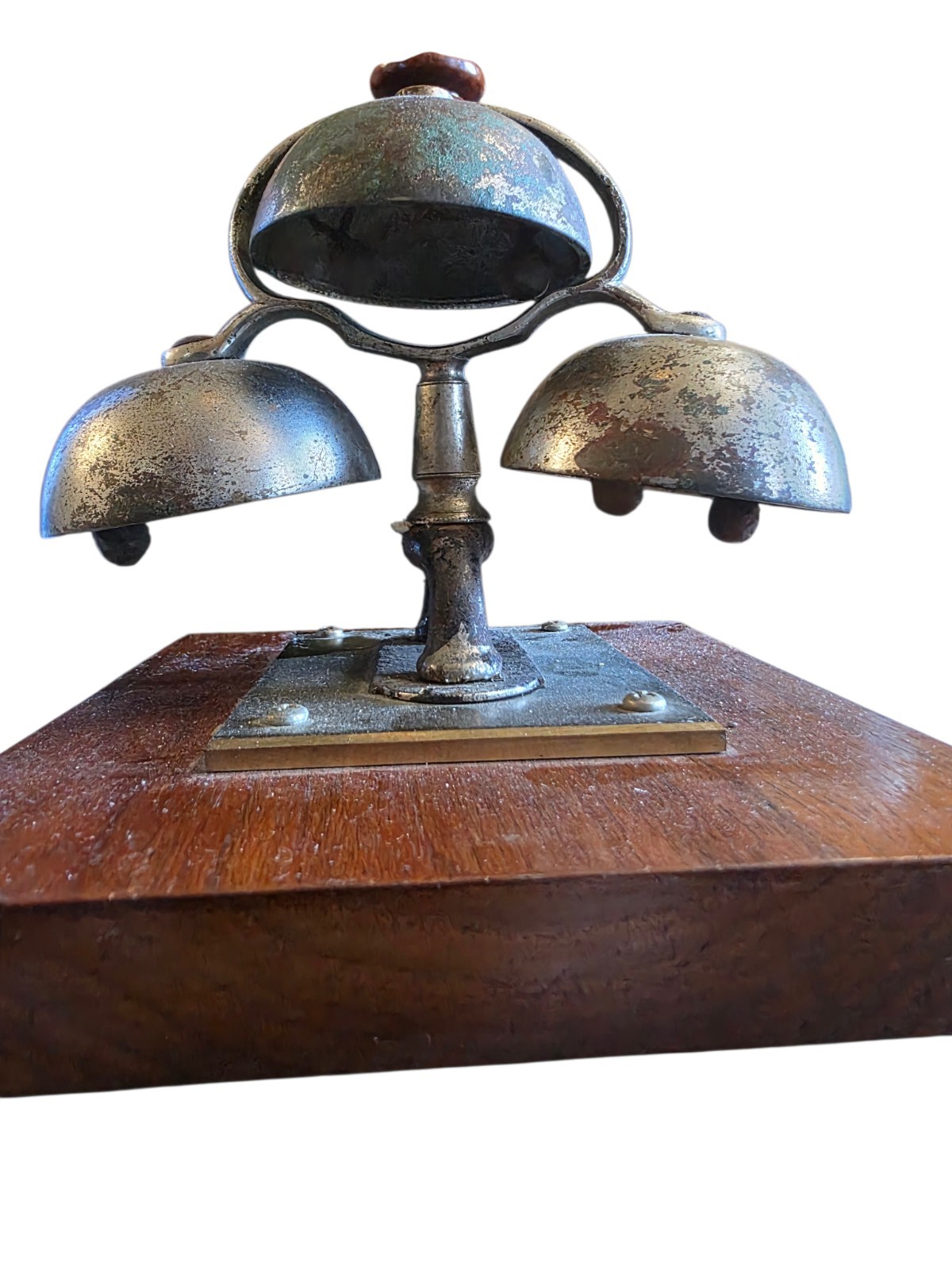 Vintage Triple Desk Call Bell Chime Set Wood Base Metal Bells Patina