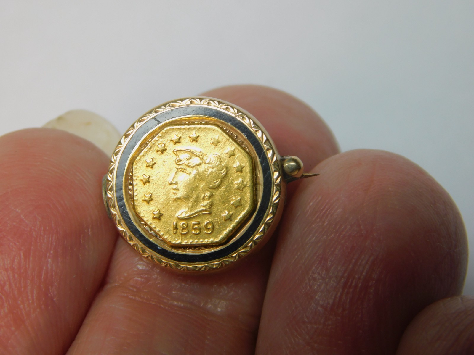 VERY UNUSUAL 1859 CALIFORNIA GOLD PIECE ON ENAMELED 10k GOLD PIN! FREE SHIPPING!