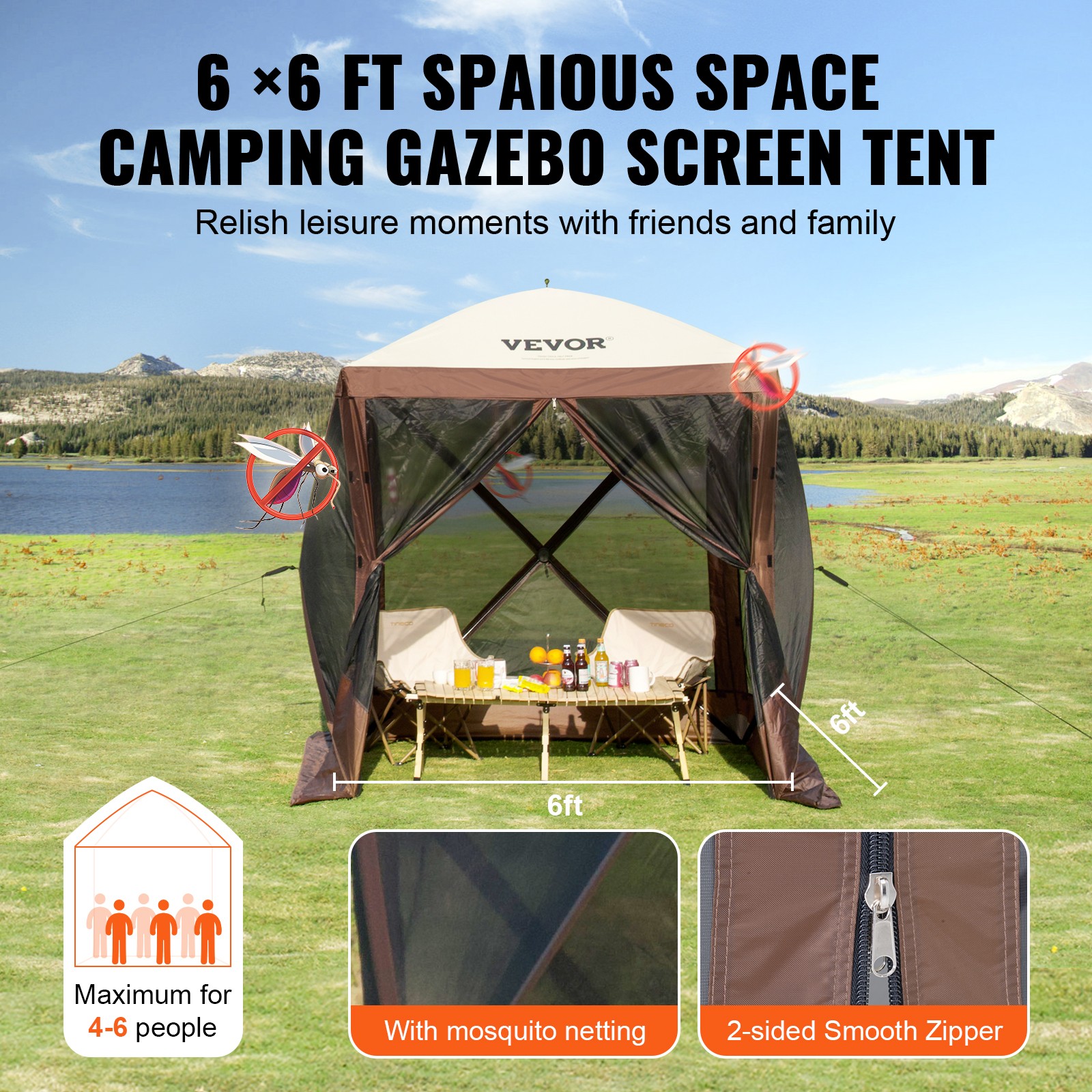 VEVOR Pop Up Gazebo Tent Pop-Up Screen Tent 4 Sided Canopy Sun Shelter Brown
