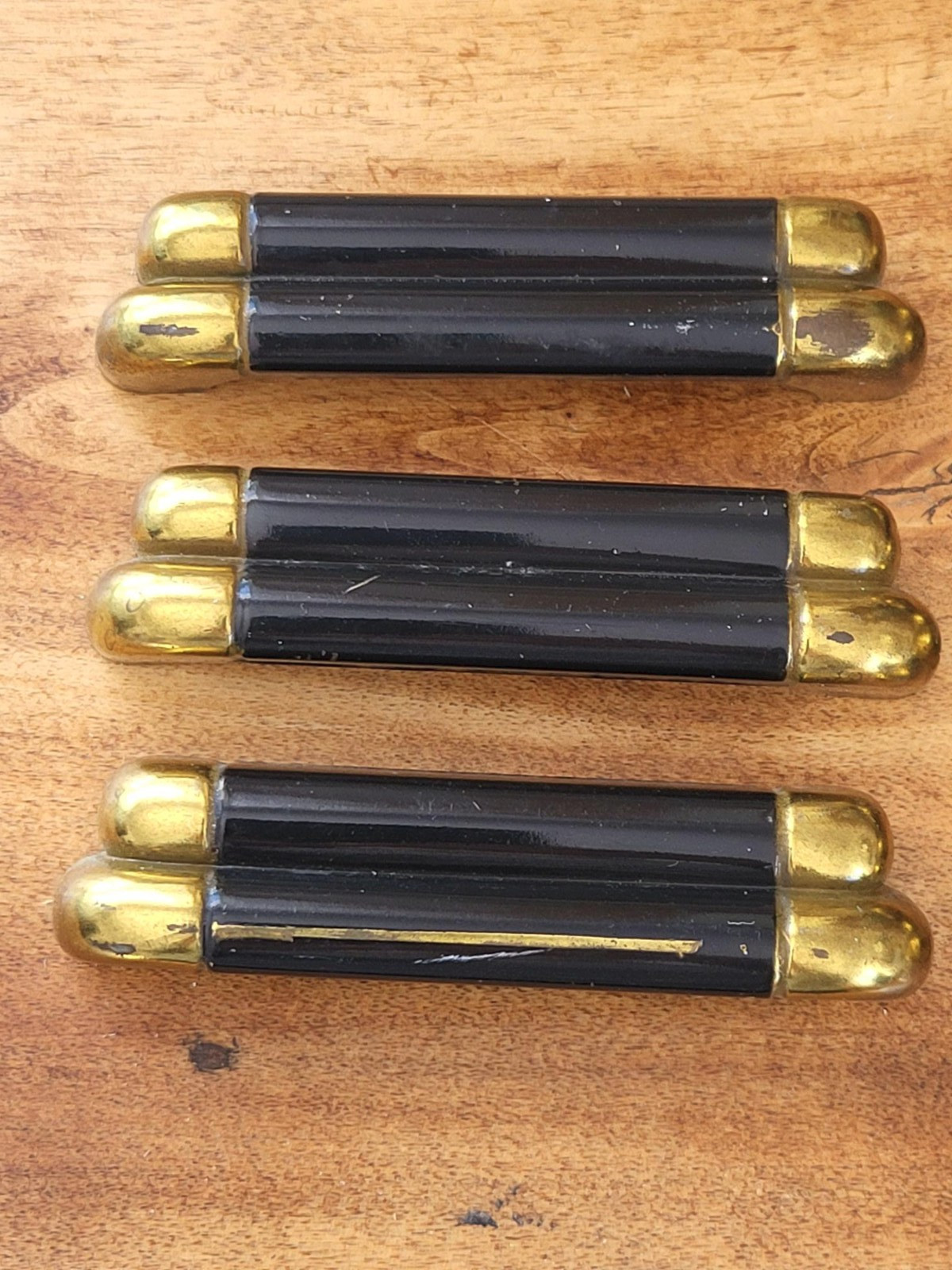 6 vintage art deco style, black & brass dresser handles / pulls