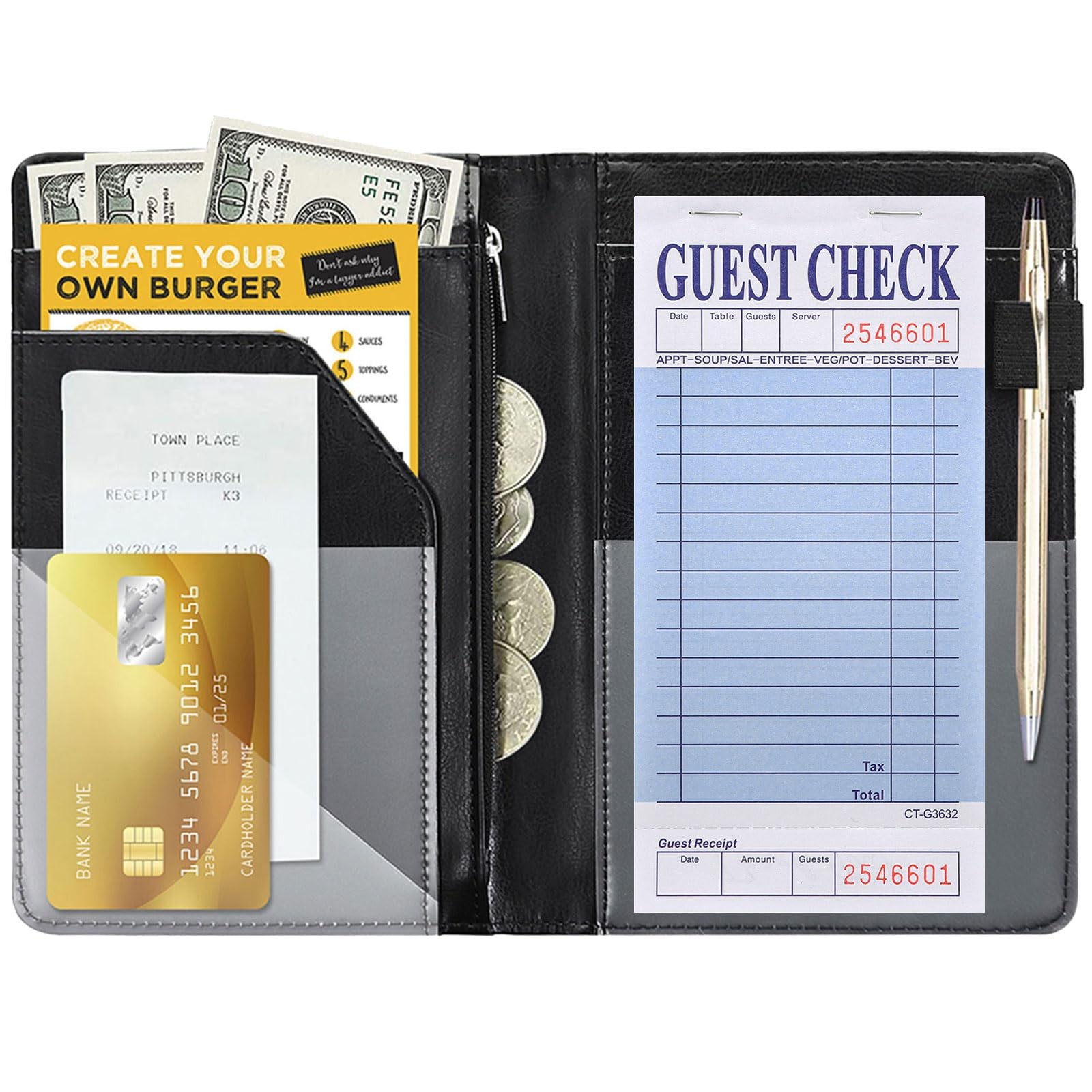 Black Server Books For Waitress/Waiter Book with Zipper Money Pocket,Cute Wai...