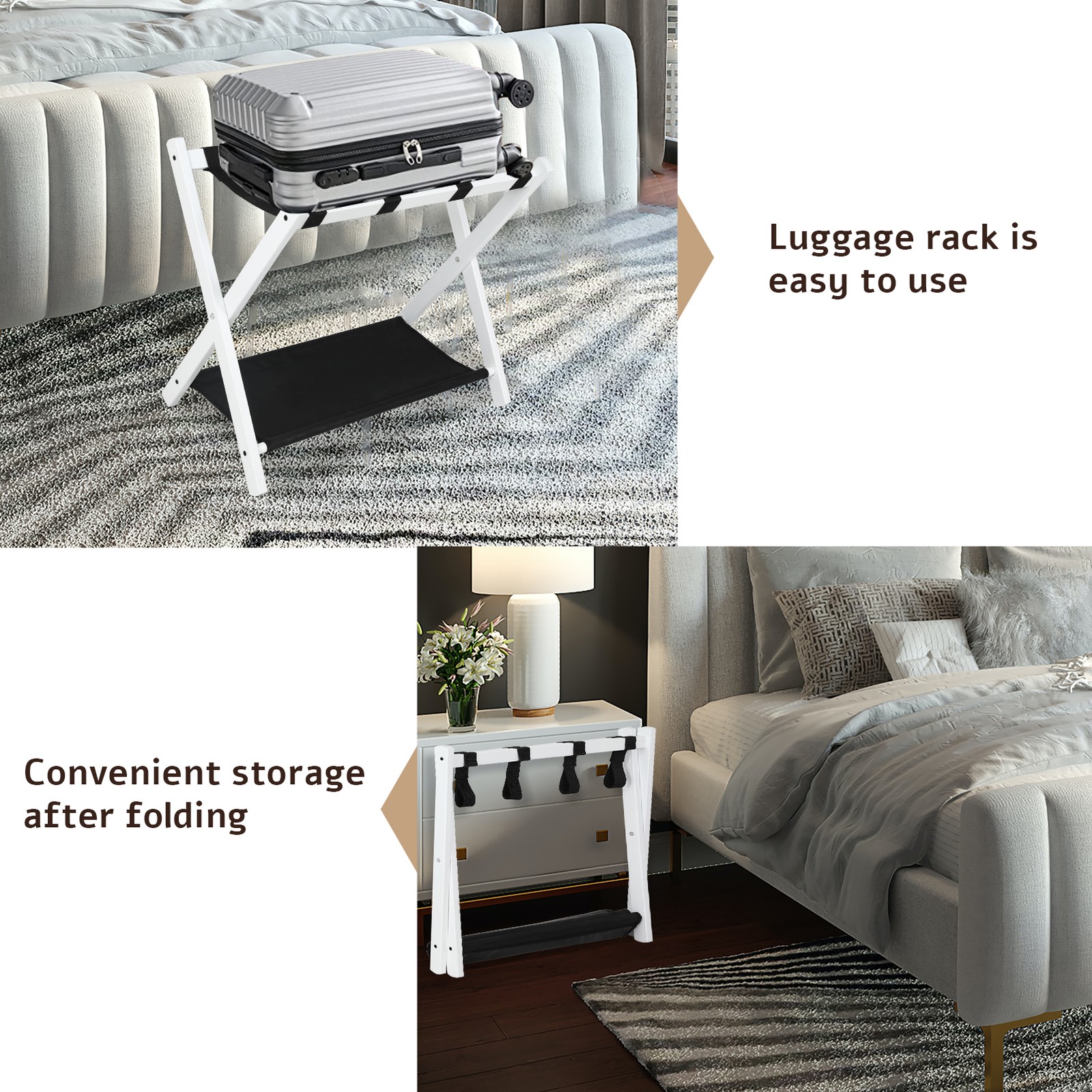 Set of 2 Folding Luggage Rack Soild Wood Stand Suitcase Holder w/ Shelf White