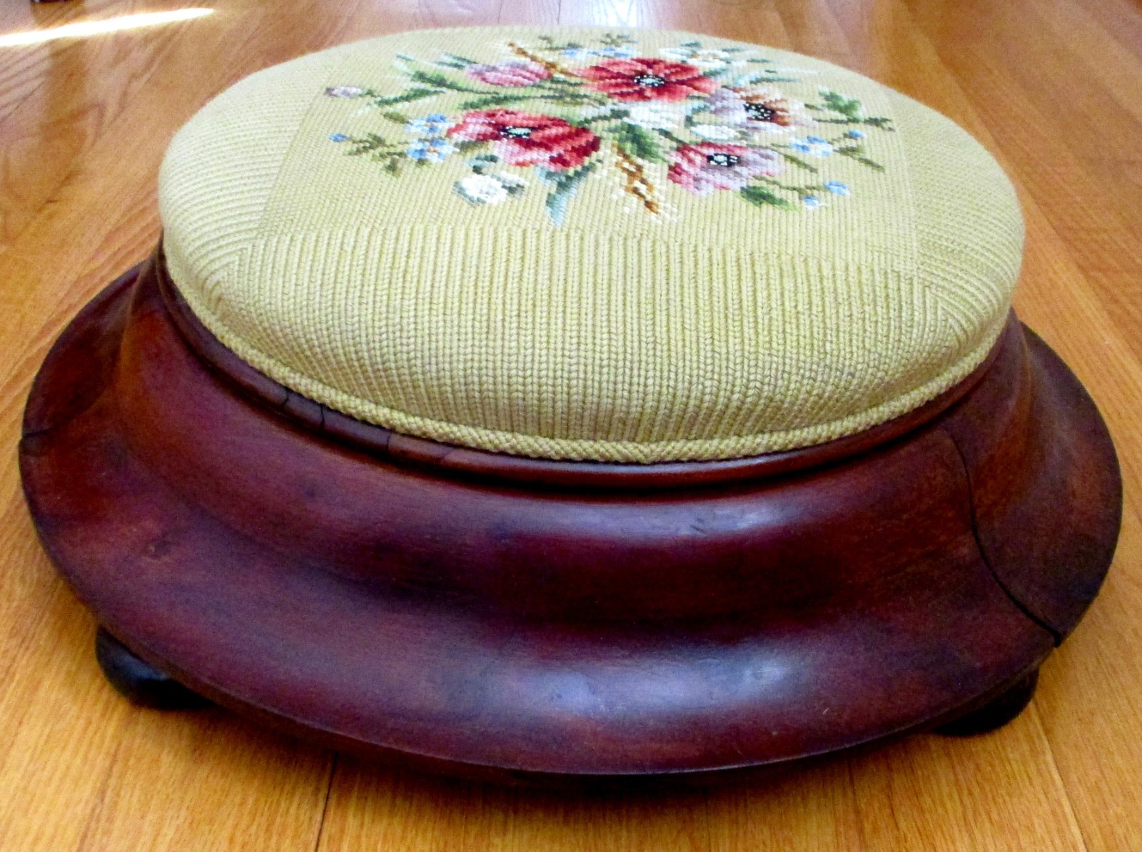 Antique Victorian Empire Pink Needlepoint Round Footstool Ottoman Mahogany