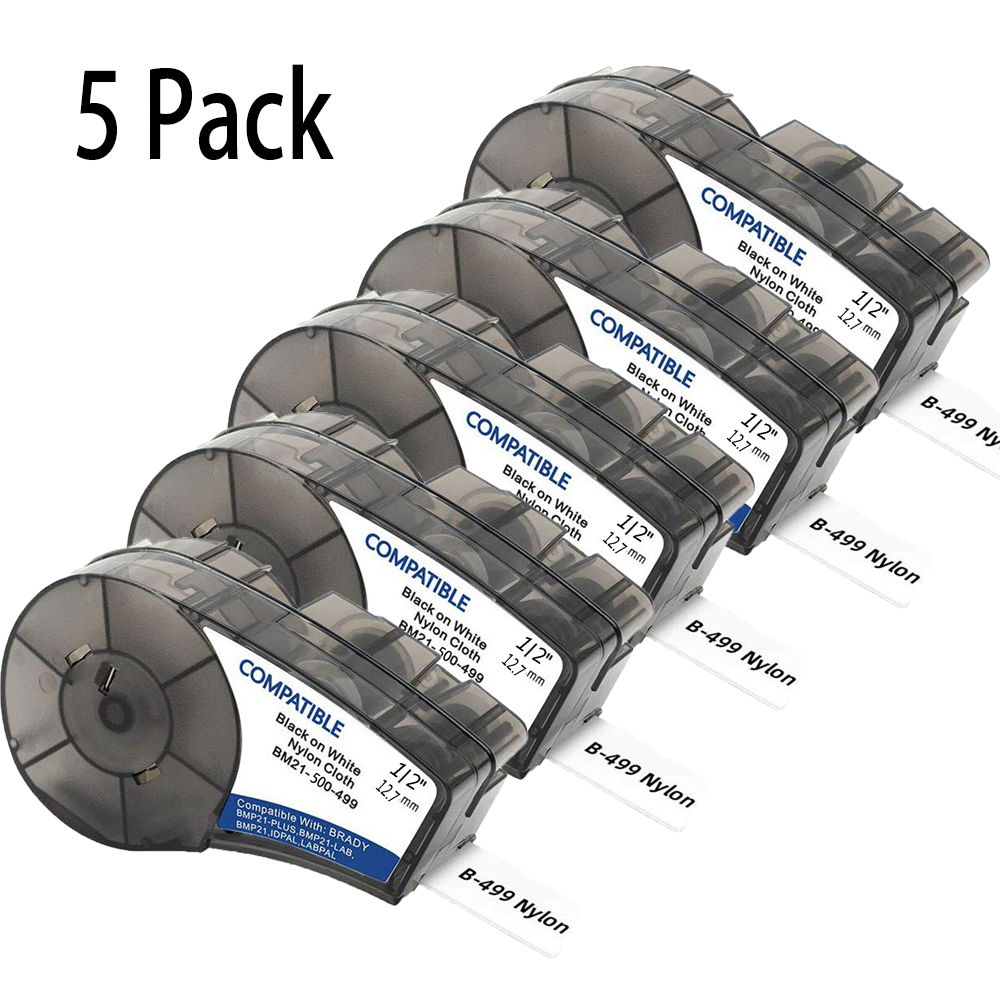 5PK for BRADY M21-500-499 Nylon Cloth Label Cartridge Black on White 1/2” 12.7mm