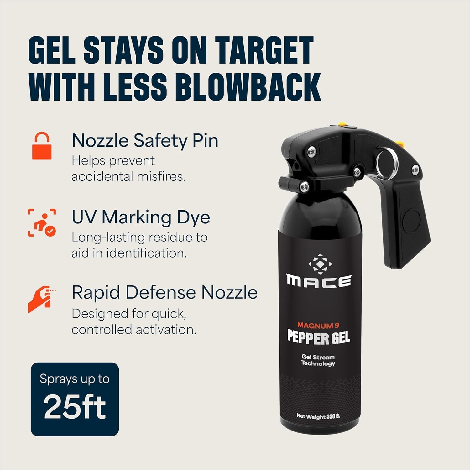 Mace Magnum 9 Pepper Gel Stream 25ft NoWind UV Dye Max Strength Pistol Grip 330g