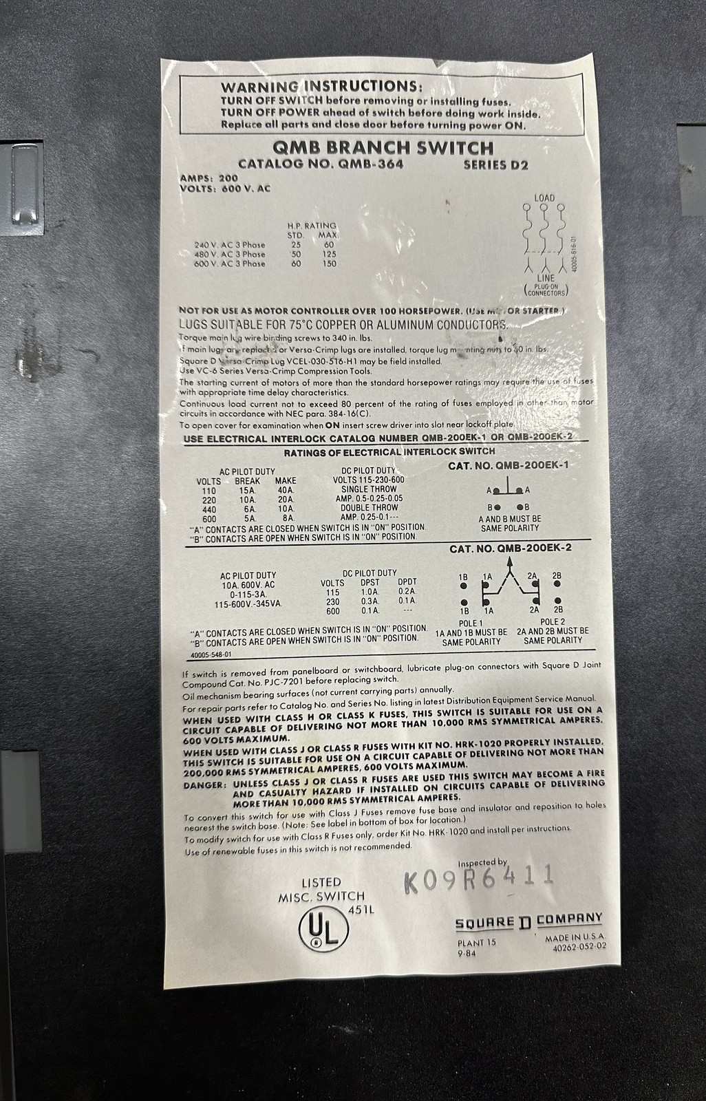 Square D QMB-364 Panelboard Switch with Fuses 200 Amps 3 Pole 600 VAC QMB364W