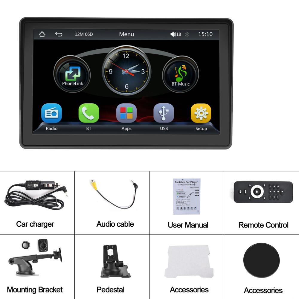 7'' Portable Wireless Apple CarPlay Android Auto Touch Screen Car Radio Stereo
