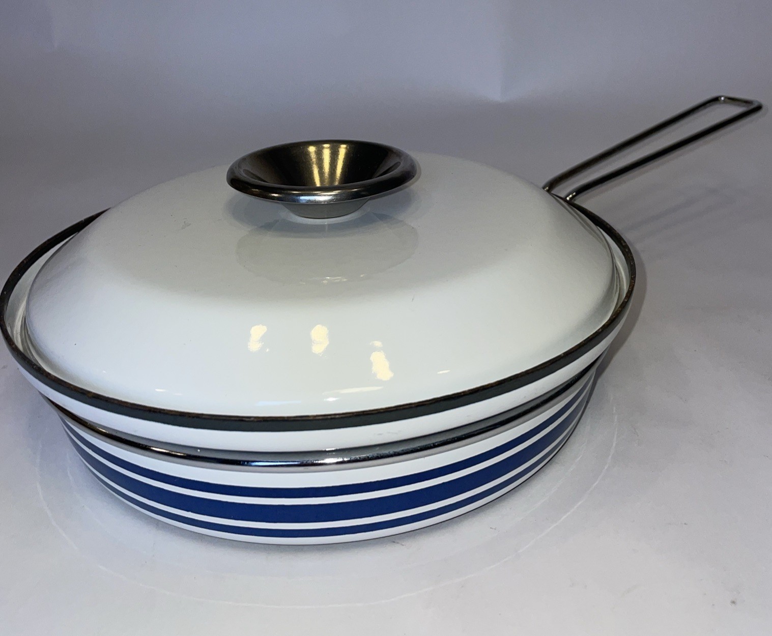 Cathrineholm Norway Blue Stripe White 8.5” Wide Enamel Frying Pan Skillet