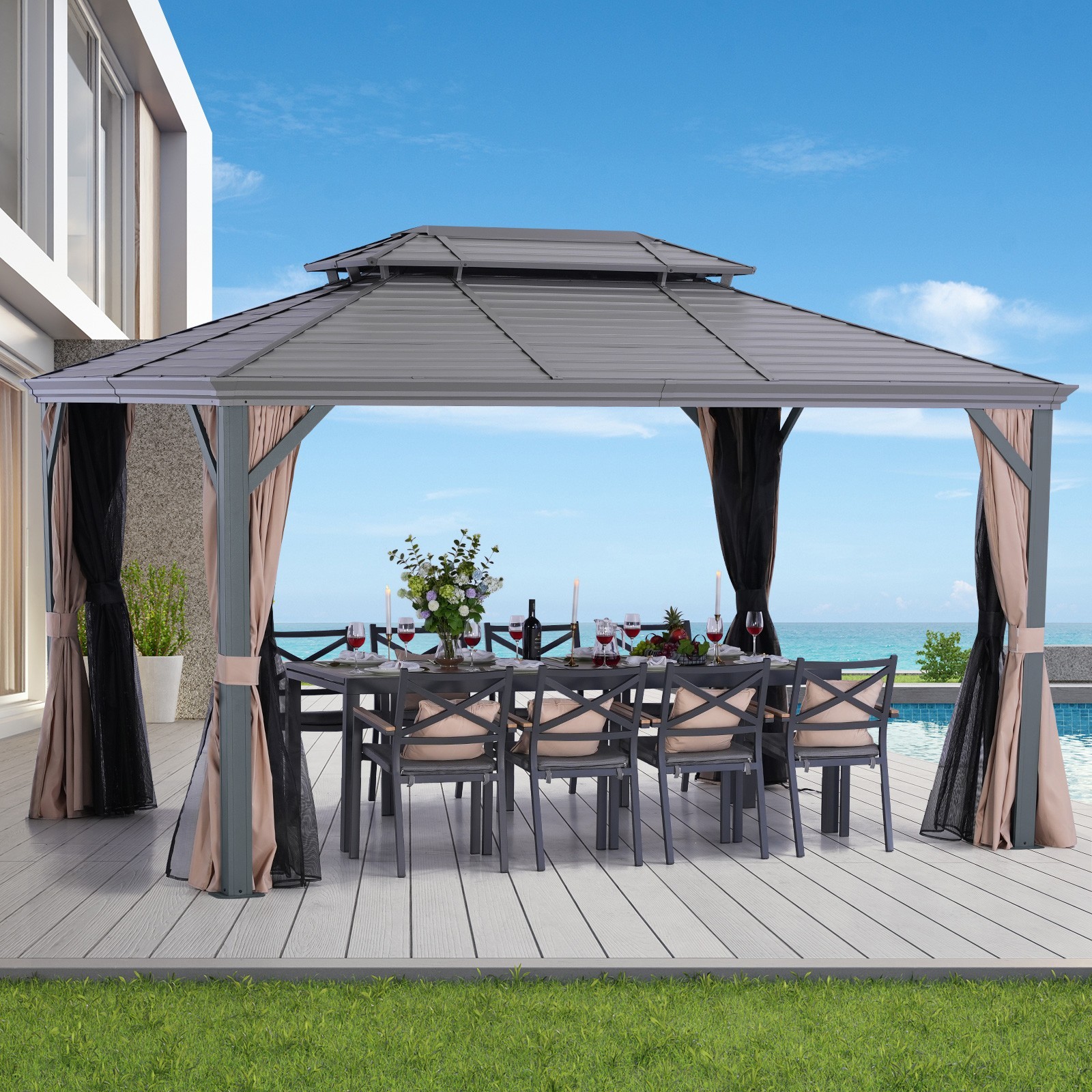 10x13 Hardtop Gazebo Double Roof with Curtain and Netting