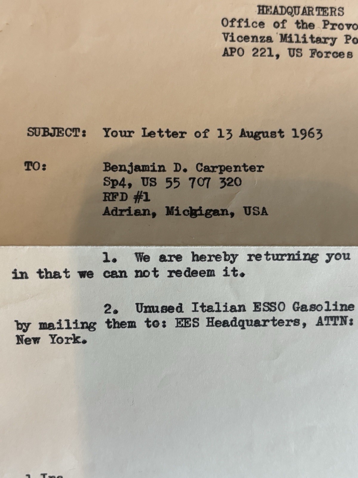 VINTAGE 1963 ESSO-NATO military Gas Coupon ￼U.S /NATO forces ￼ITALY (5liters)