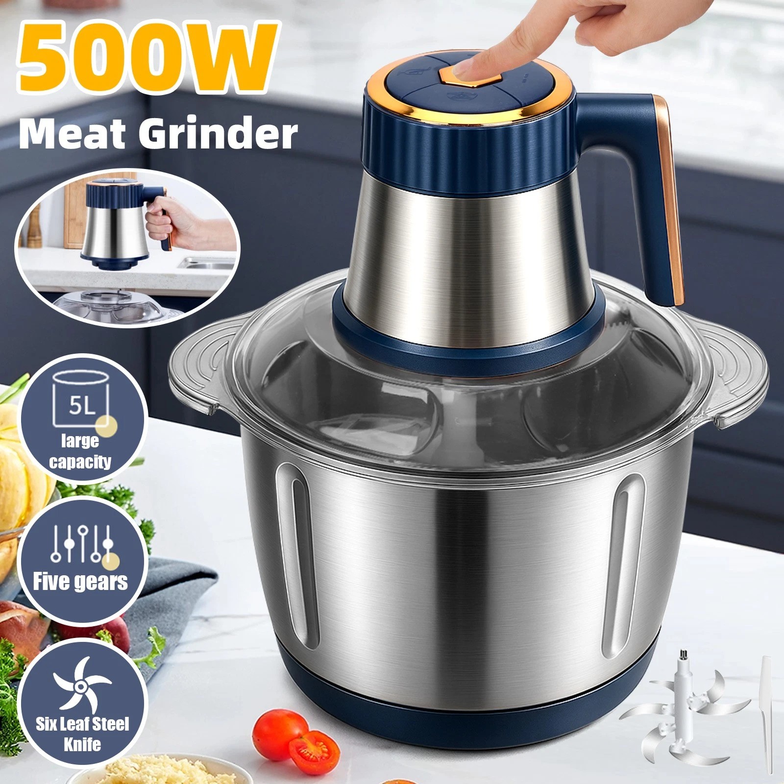 500W Electric Food Chopper Electric Stainless Steel Processor Meat Grinder Mixer
