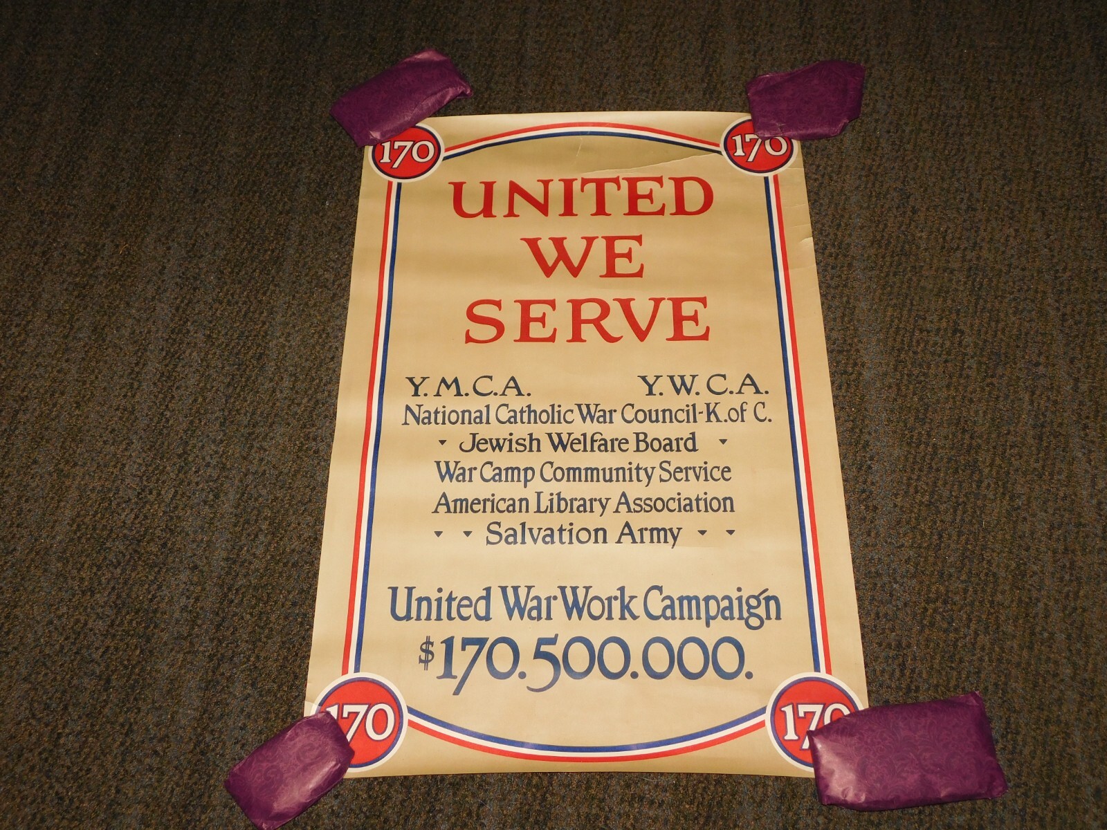 VINTAGE  WWI WORLD WAR 1 UNITED WE SERVE YMCA YWCA WAR WORK CAMPAIGN 170 POSTER