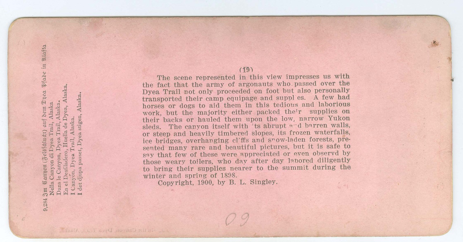 G2220~ ALASKA KLONDIKE –Gold Miners Up Dyea Trail c.1890s Stereoview