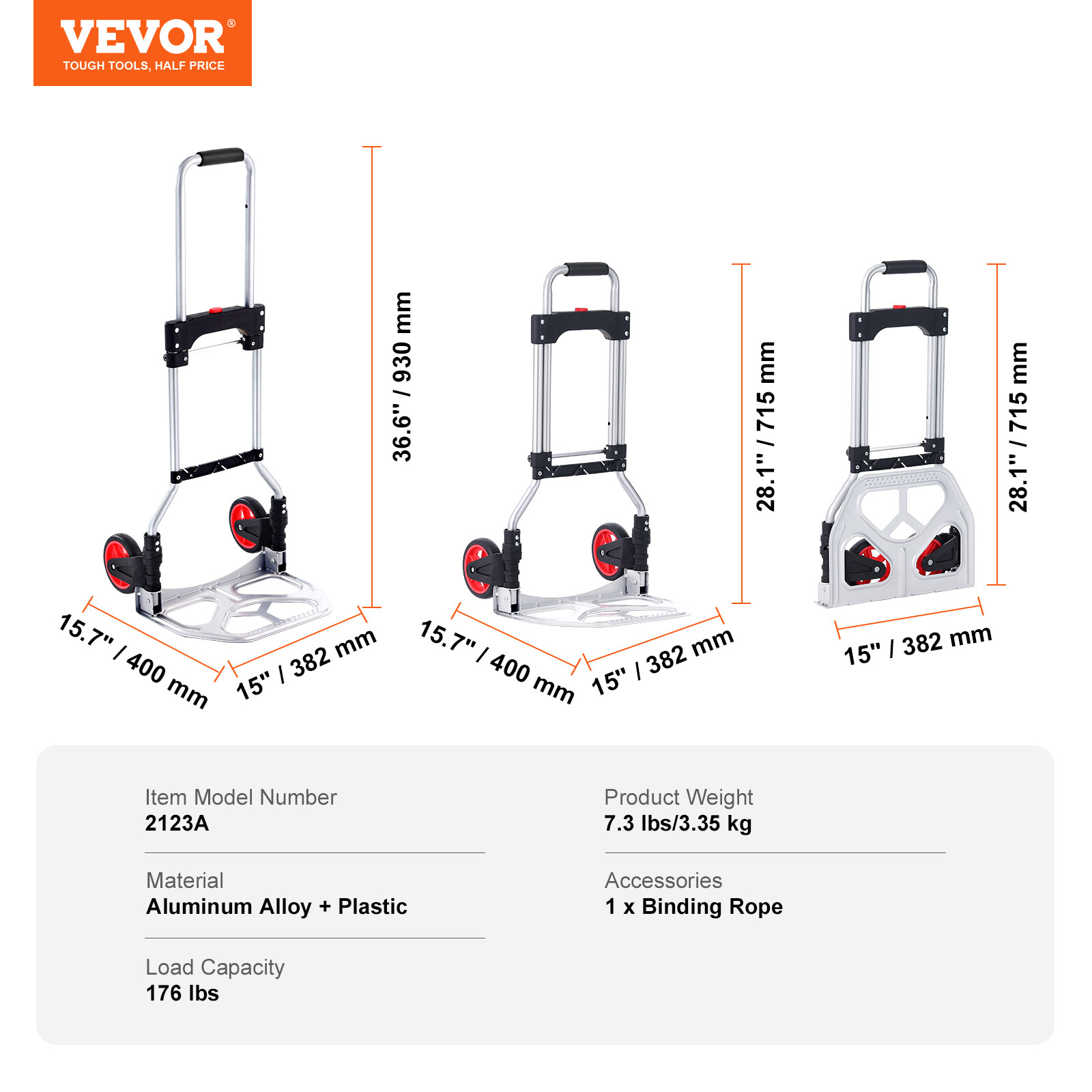 VEVOR Folding Hand Truck Aluminum Luggage Trolley Cart Dolly 176 lbs Bungee Cord
