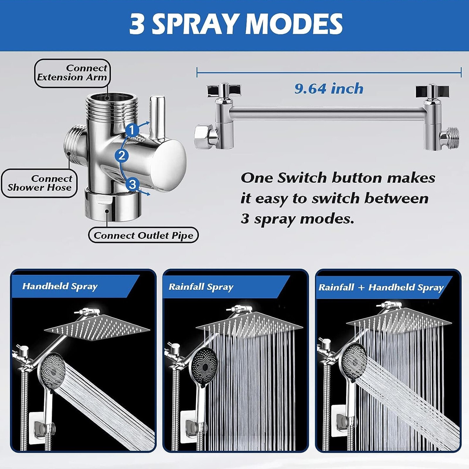 Chrome 8"Rain Shower Head with Handheld Spray Combo High Pressure Adjustable Arm