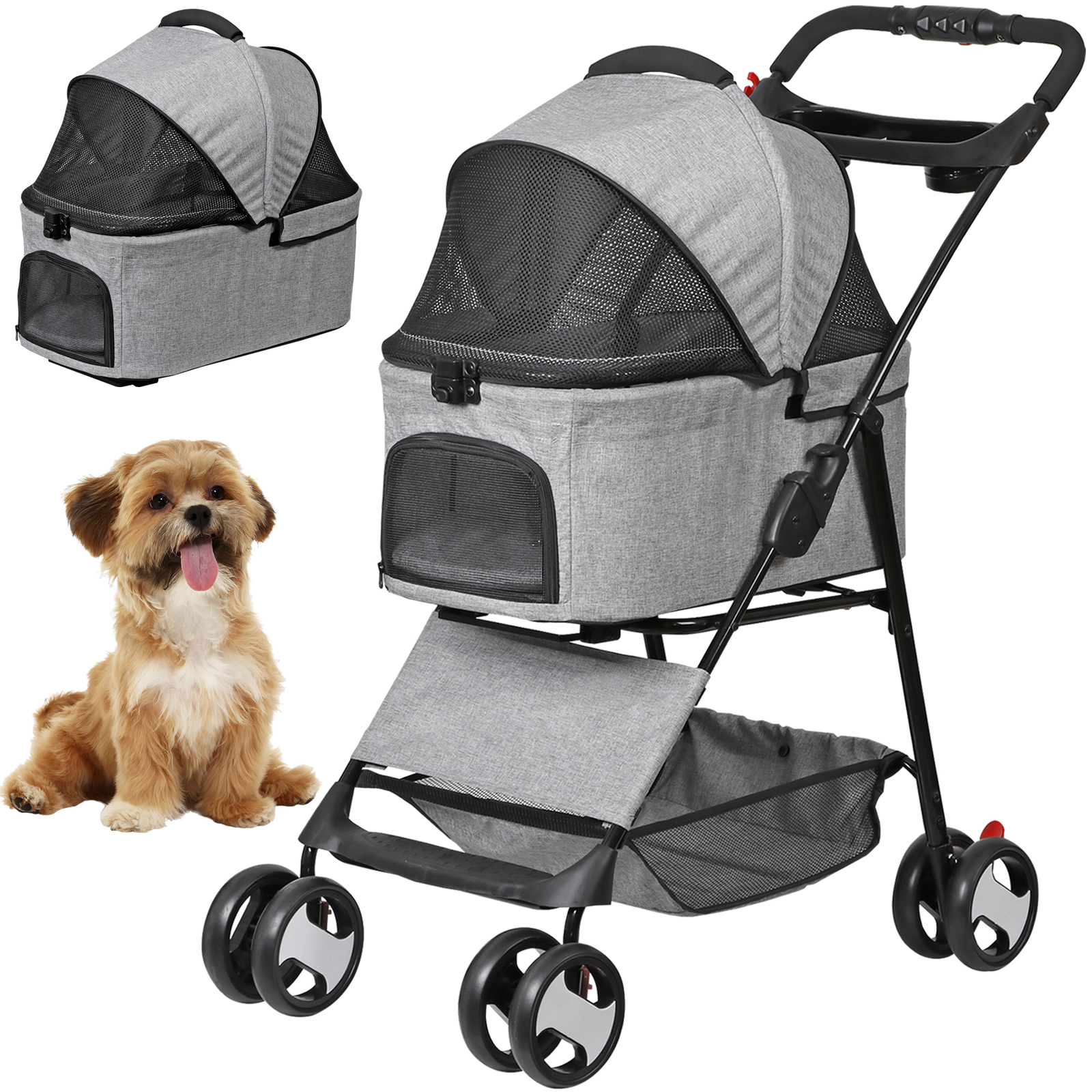 Pet Stroller Foldable Dog Cat Jogger Stroller w/4 Wheel & Detachable Basket Gray