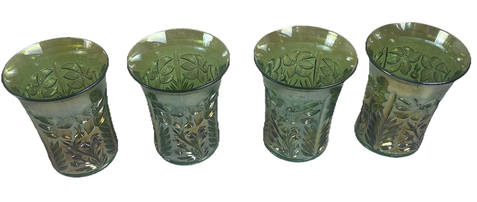 RARE IMPERIAL GREEN CARNIVAL GLASS TIGER LILY PATTERN 5 PC WATER SET