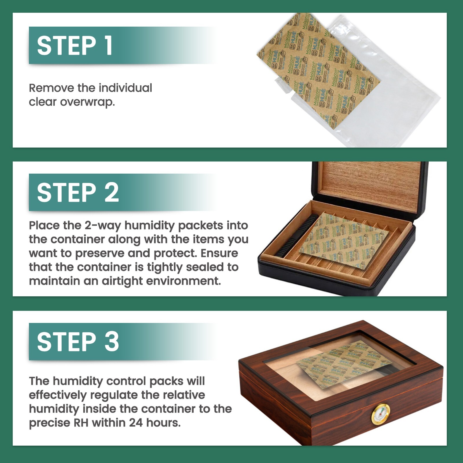 62% RH 67 Gram 2-Way Humidity Control Packs for Storing 1lb Individually Wrapped