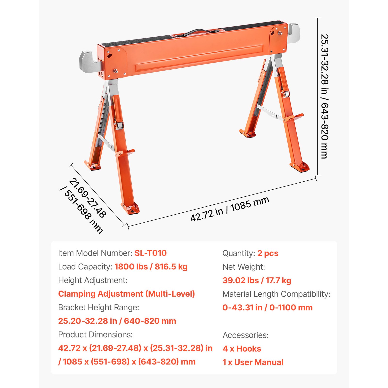 Uimoso Adjustable Heavy-Duty Saw Horses, 2-Pack, 1800 lbs Capacity