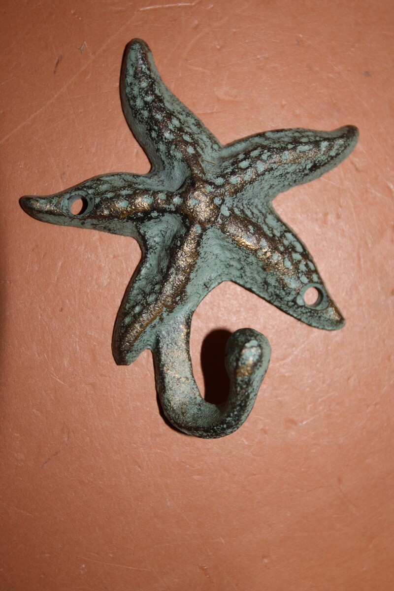 (6) Sealife Seahorse Starfish Bathroom Towel Wall Hooks Plaque, Blue Seas Set