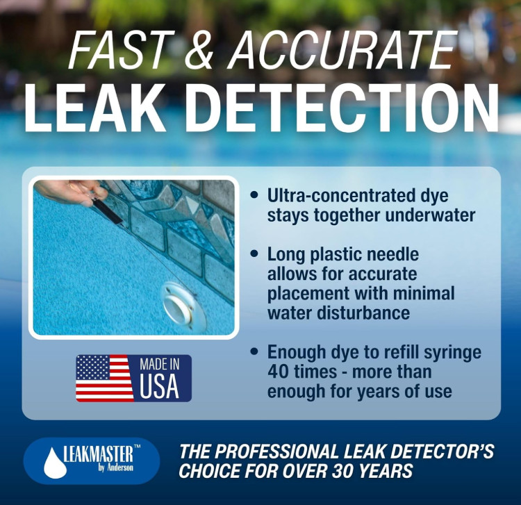 Leakmaster Pool Leak Detection Kit – 8 Oz Blue Dye with Reusable Syringe – High-