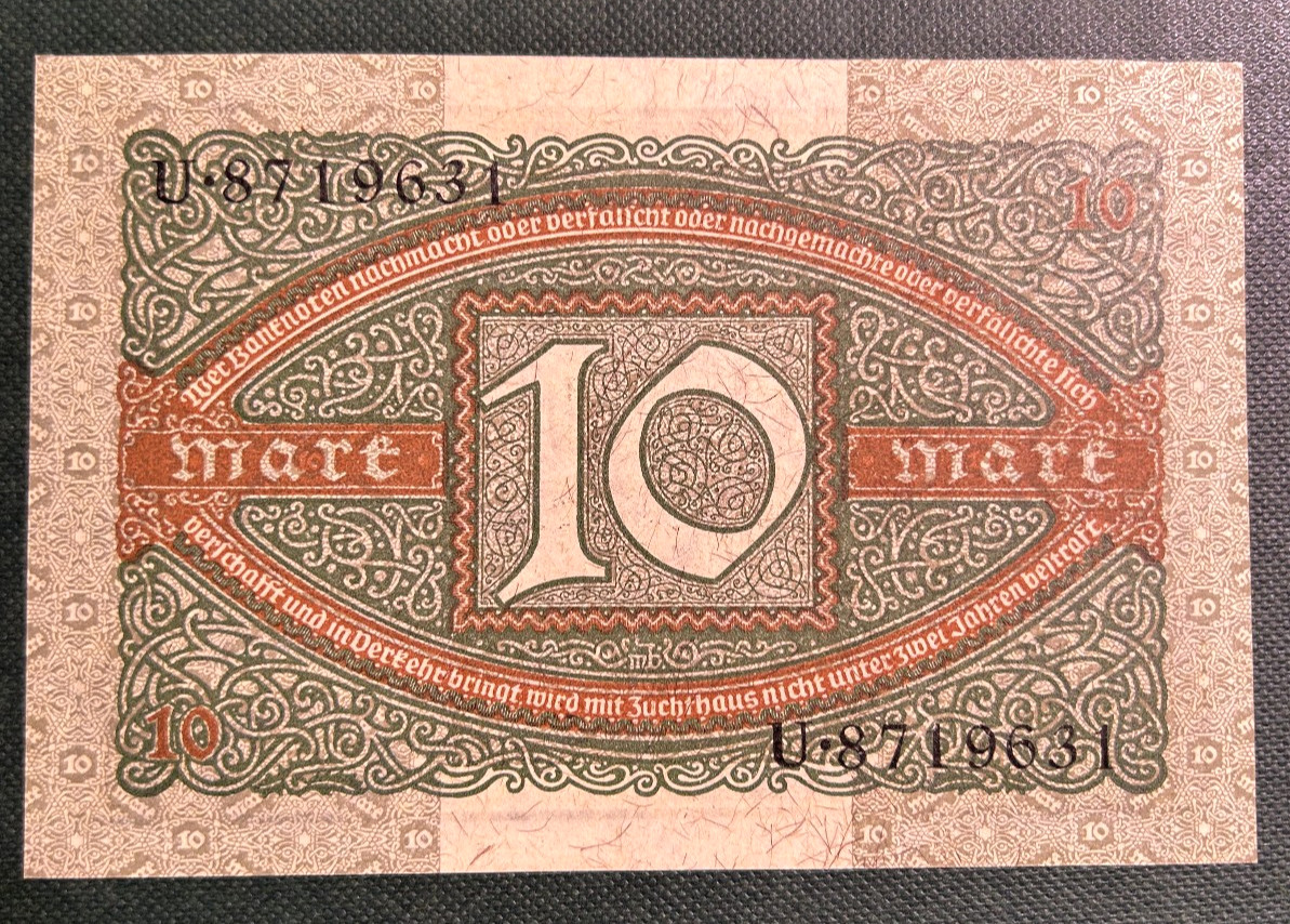GERMANY REICHBANKNOTE 1920 10 MARK GRADE UNC P-67 with unprint red letter H