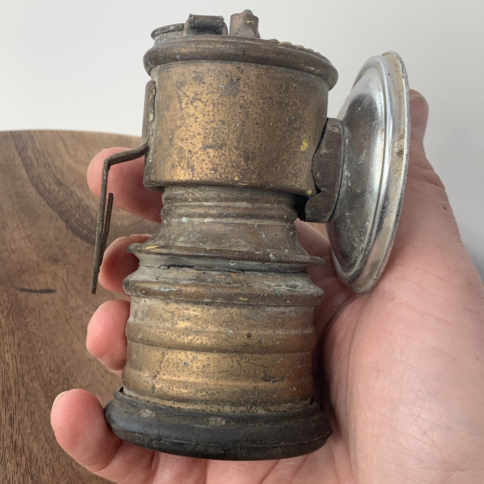 Vintage Brass Miners Carbide Hat Lamp by "Premier" Leeds England Large Reflector