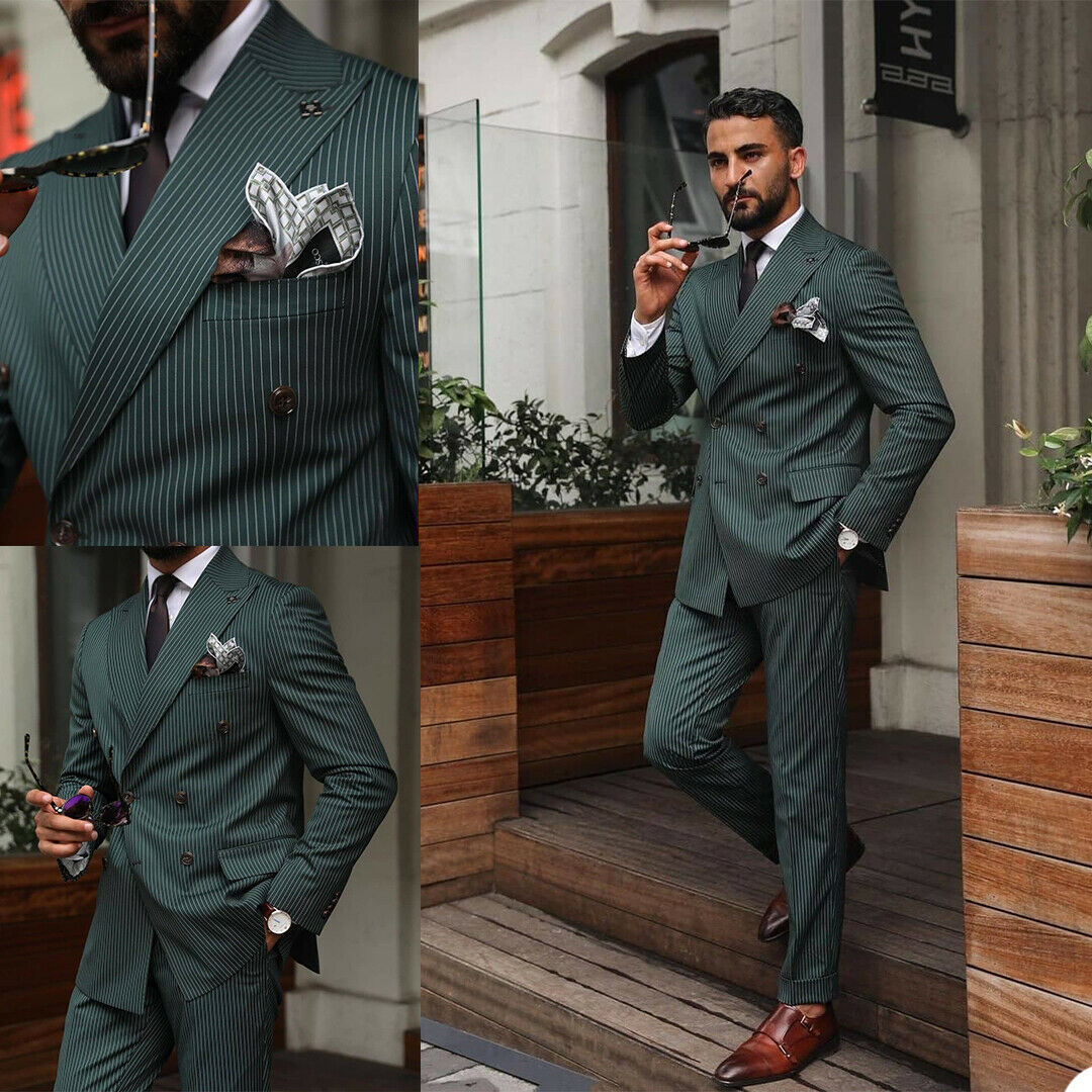 Green Pinstripe Men Suits Peak Lapel Double-Breasted Tuxedos Wedding Prom Blazer