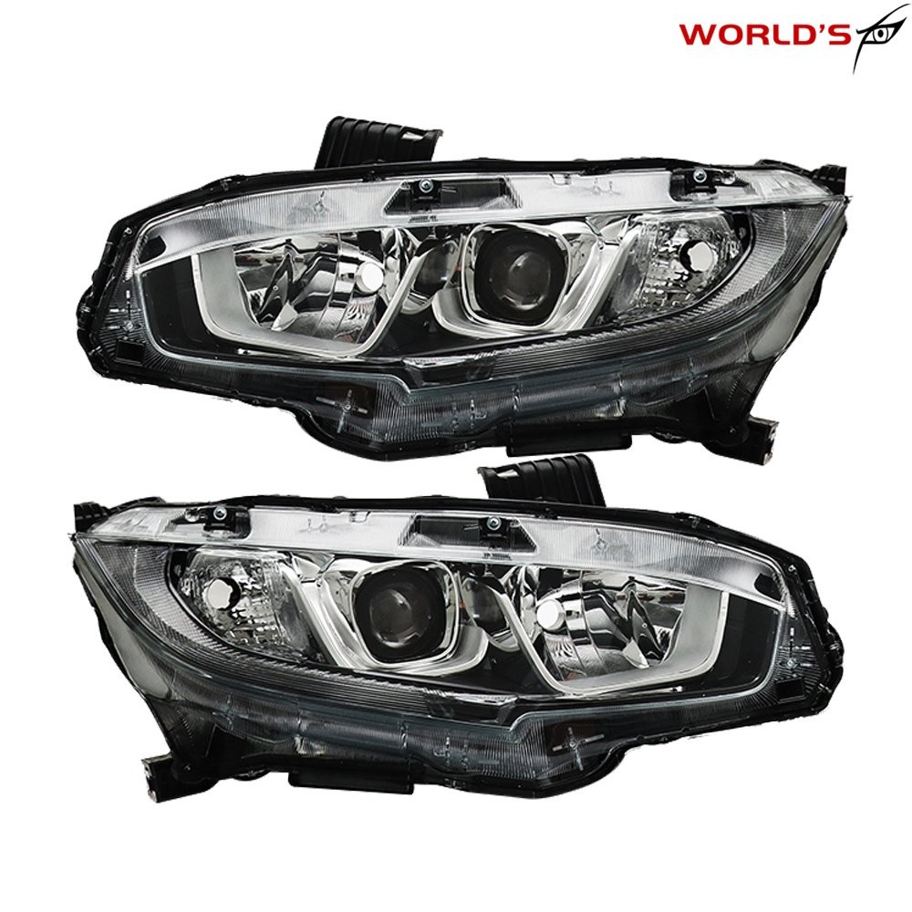 Pair For Honda Civic 2016-2020 Halogen W/LED DRL Headlights Assy Chrome Housing