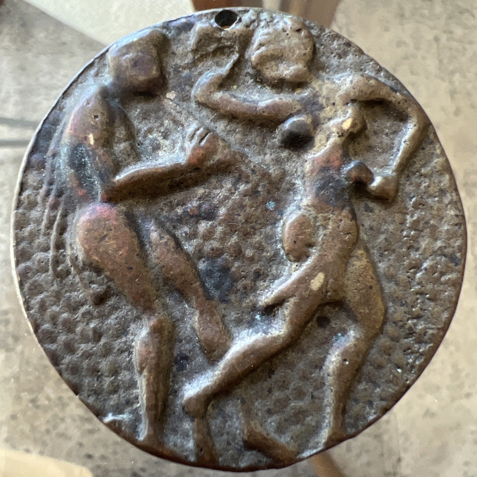 Modernist Greek Style Cast Coin Medallion Flute Player & Dancing Woman Discus