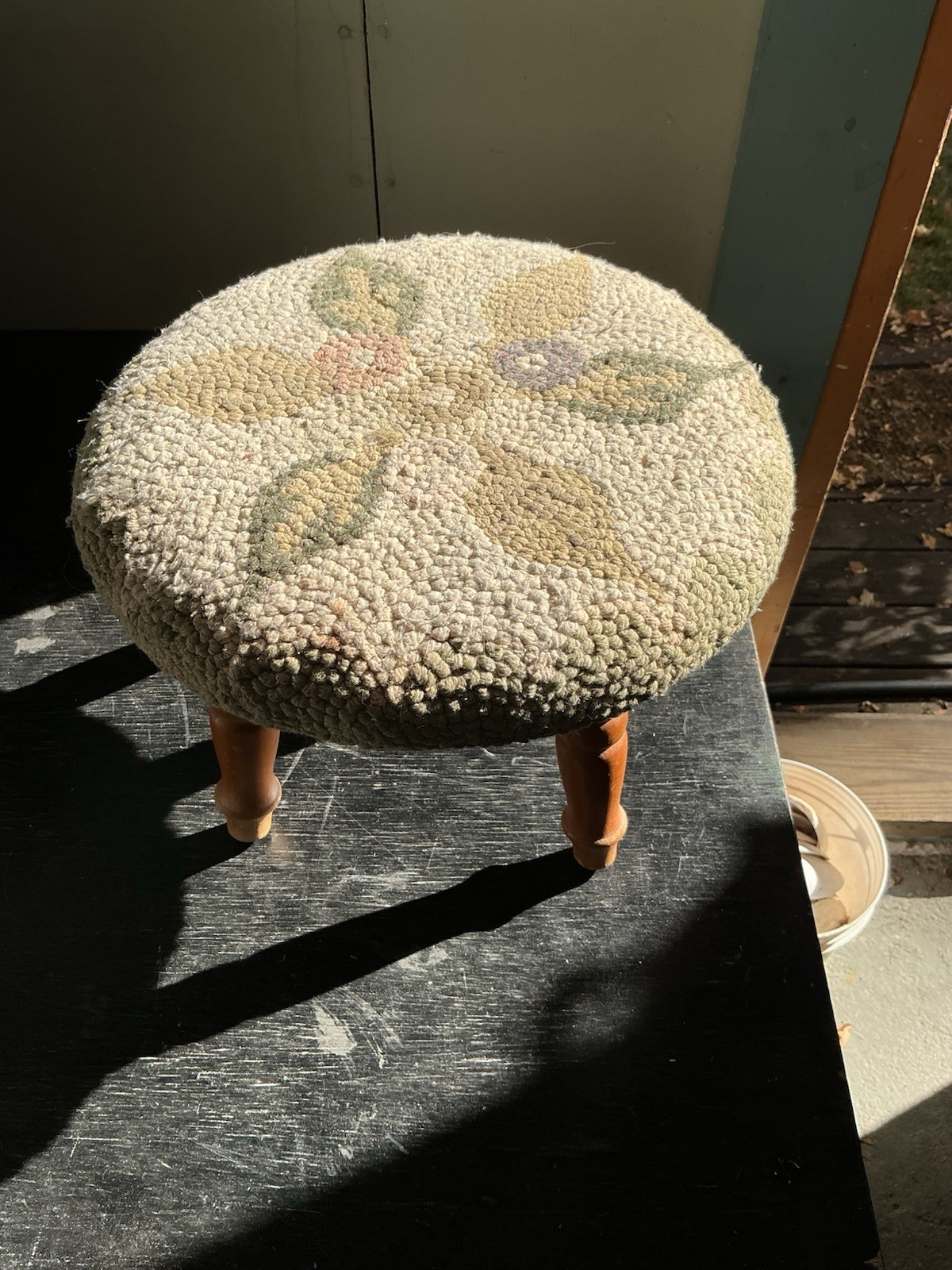 Round Footstool Floral Hooked Rug Top Wooden Legs MCM USA Babcock Phillips