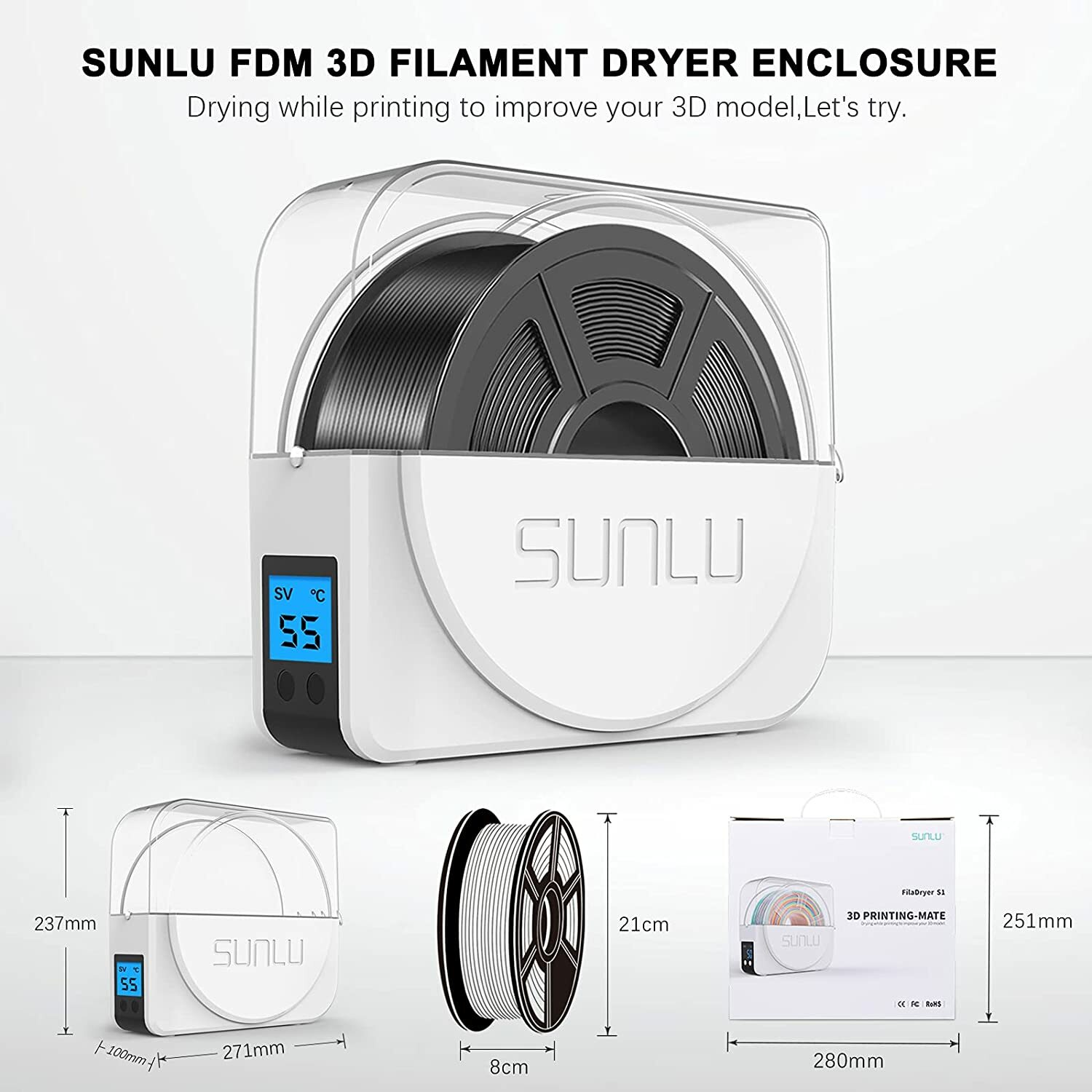 Sunlu S1/Upgraded S2 FilaDryer 3D Printer Filament Dryer 1.75mm Storage Box